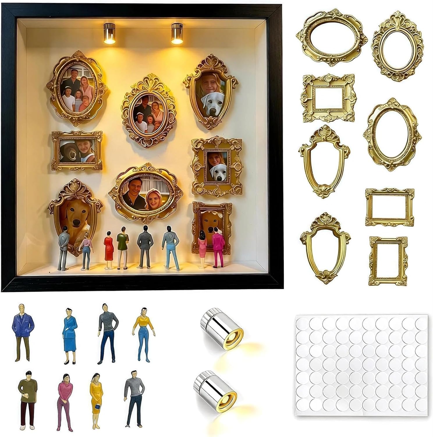 DIY Mini Museum Shadow Box Kit with 8 Tiny Gold Frames & 8 Mini Figurines, 2 LED Lights - Silhouette Display for Wallet-Size Photos & Small Crafts, Gift for Her, 10x10x1.9 Inch (Black)