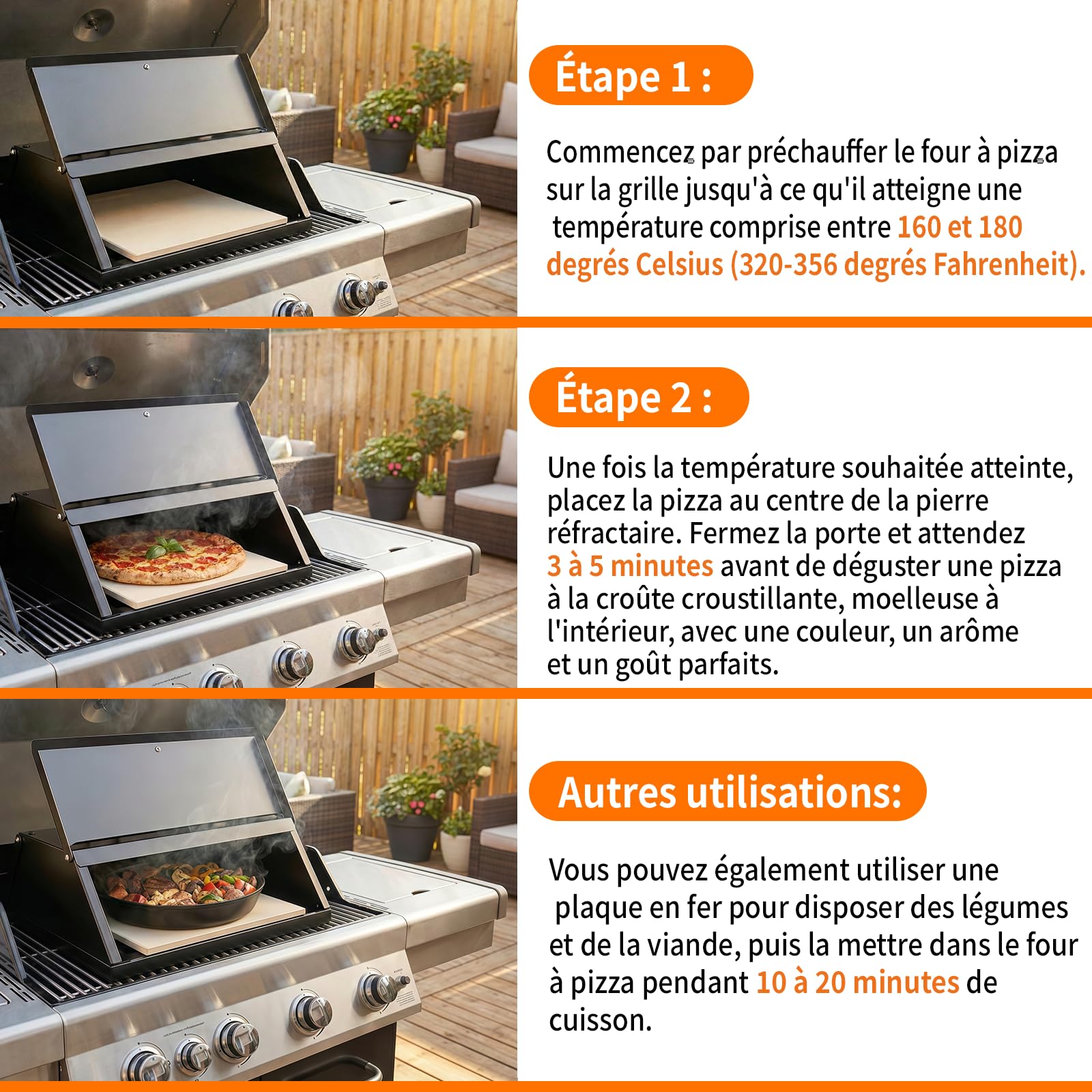 Four à pizza pour barbecue d'extérieur avec pierre à pizza, indicateur de température, 40,3 x 36 x 22 cm