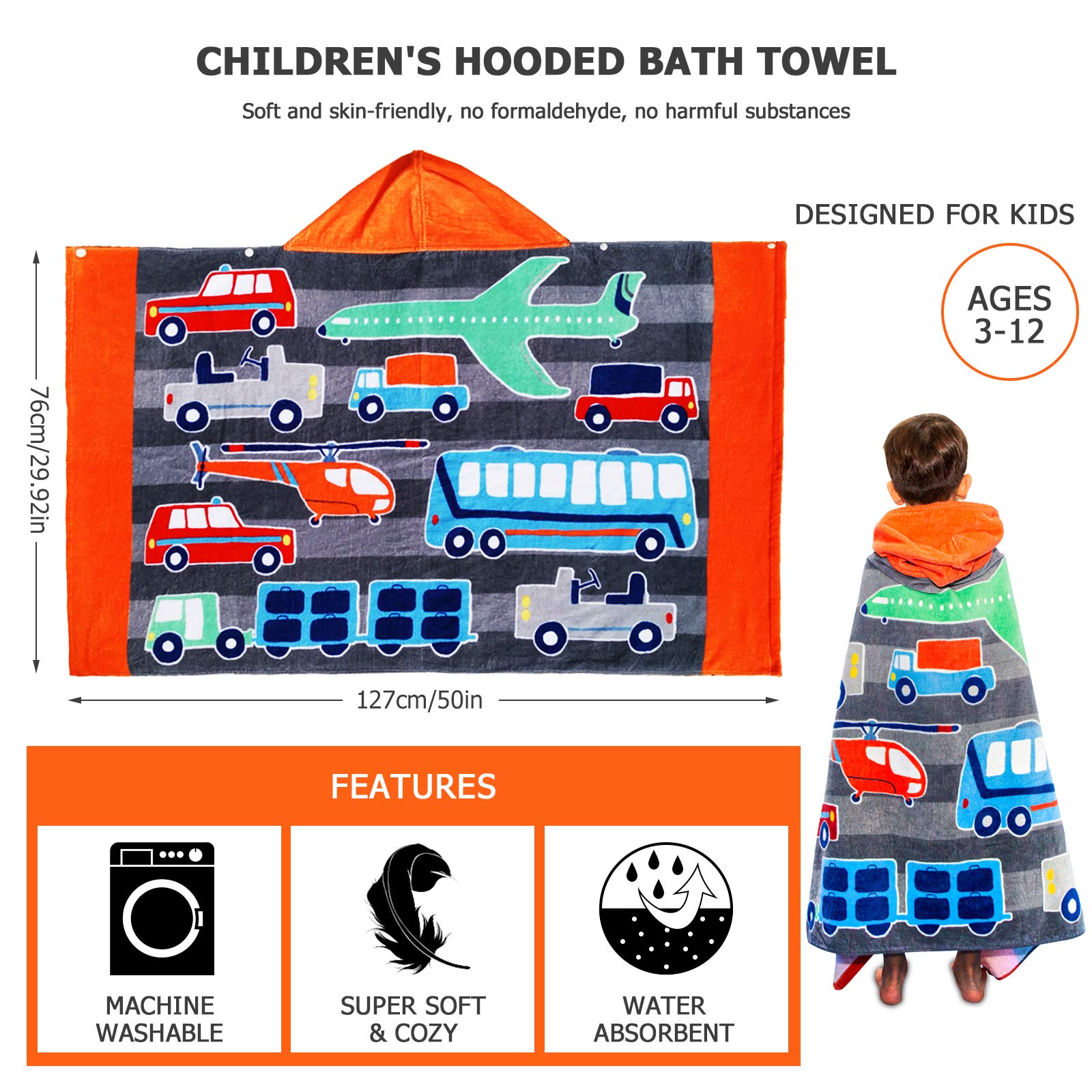 Serviette de bain à capuche pour enfants, 100 % coton, super douce et absorbante, motif dessin animé, pour la natation, le surf, le poncho de sport pour garçons et filles (avion)