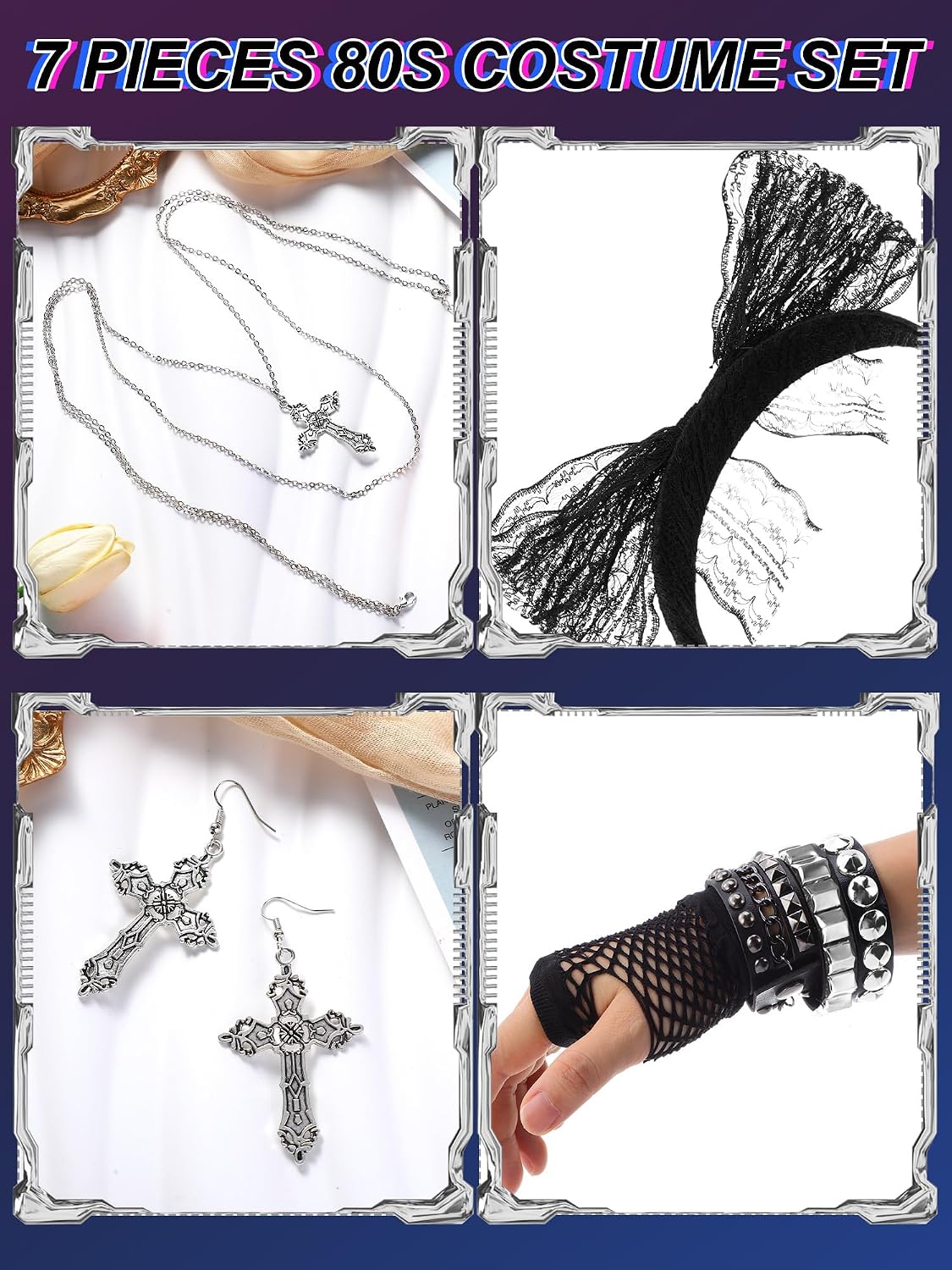 Ecation 7 Pcs 80s Women Costume Accessories Halloween Leather Punk Bracelet Black Cross Necklace Lace Headband Fishnet Glove