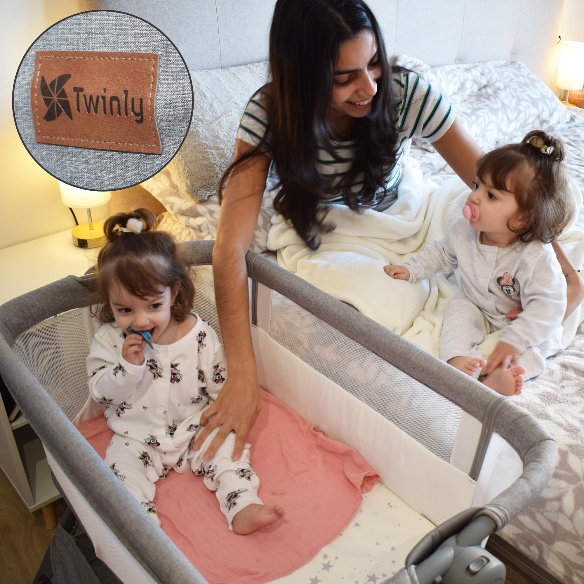 Twinly – Beistellbett Baby Comfortly mit Rollen | Klappbar & Höhenverstellbar (5 Stufen), Atmungsaktiv ab 0+ Monate bis 9 kg, inkl. Matratze, Laken & Tasche – Ohne Montage (Beige) | Höhenverstellbar und Anti-Rückfluss-Funktion, inklusive Matratze, Bettlak