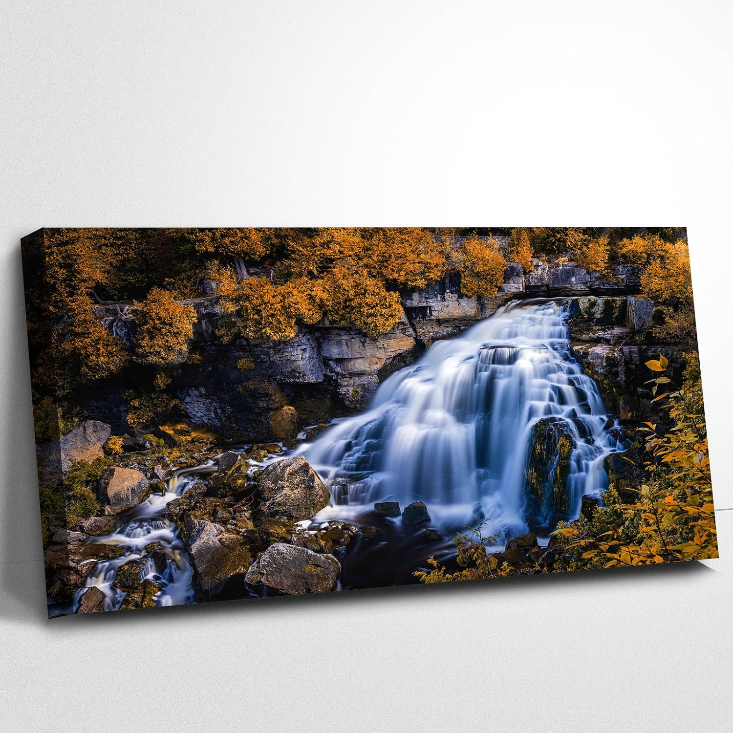 Craftline -Waterfall Canvas Wall Art Ontario Canada Scenic Photo Golden Maple Mountain Nature Landscape Picture Modern Autumn Poster Framed Artwork for Living Room Office Bedroom Decoration 32x16inch