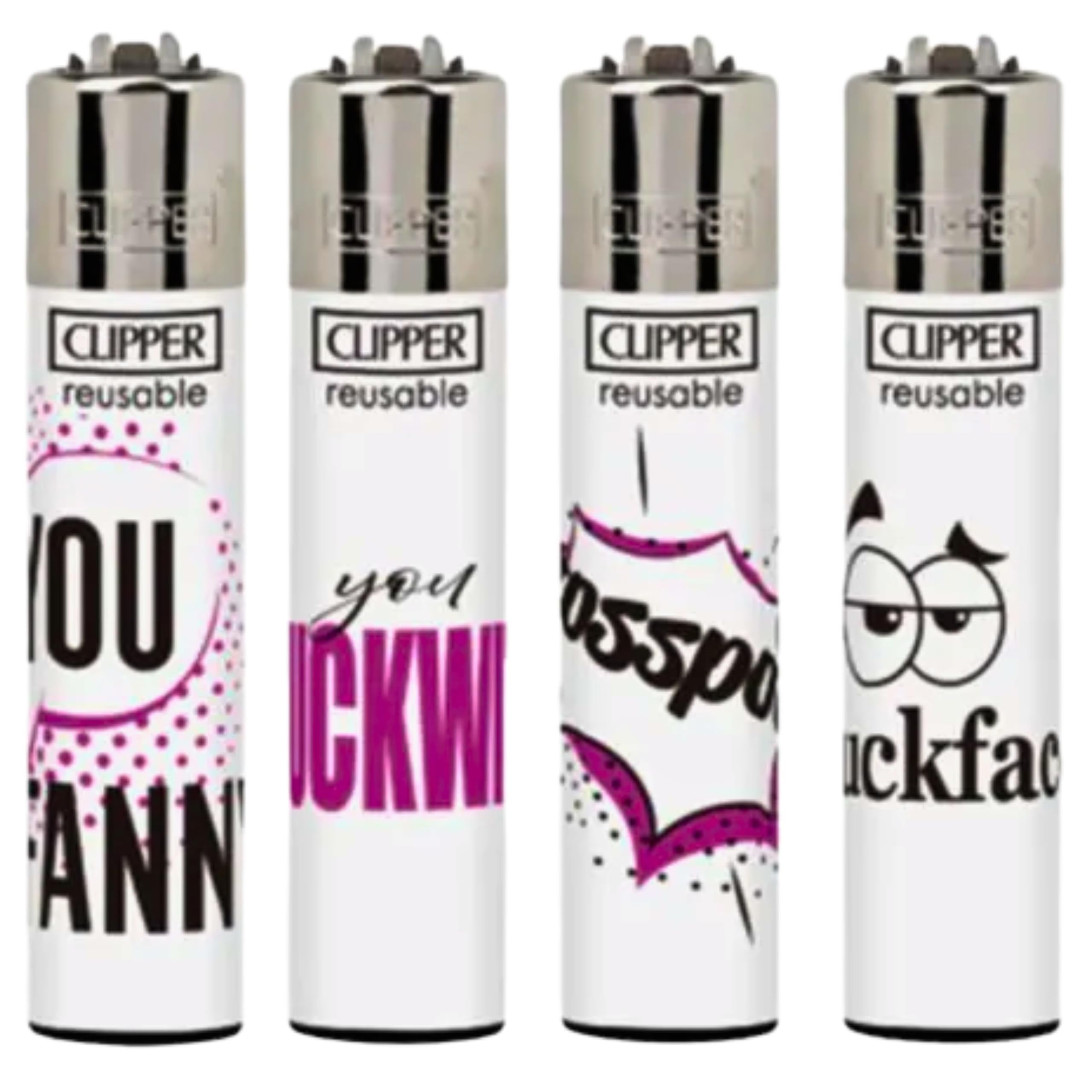 Zactly Multicolour 4 X Clipper Lighter Set Naughty Words 8 Rare Design Gas Refillable Standard Size Lighters Replaceable Flint - Limited Edition