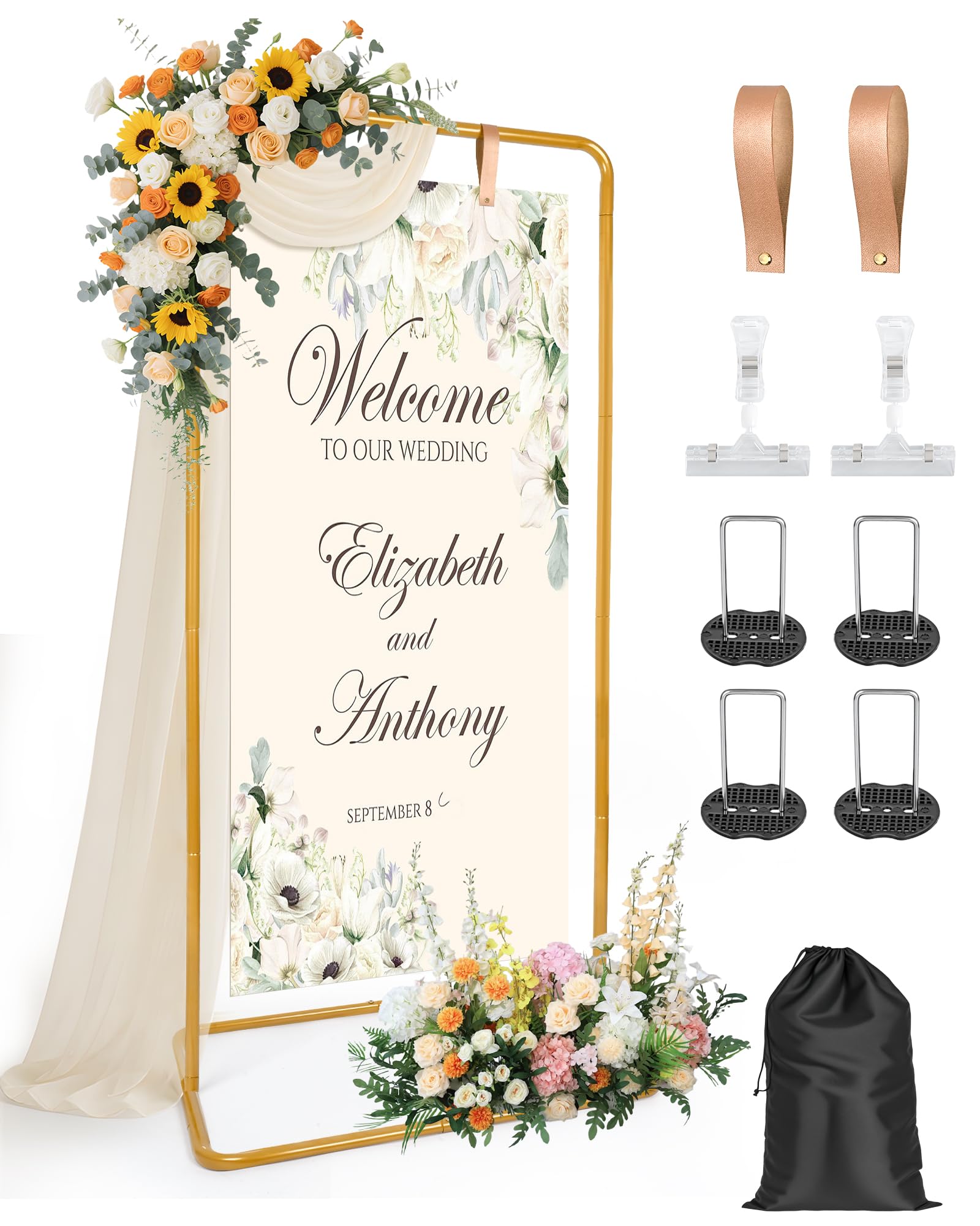 Support Pour Pancarte Bienvenue Mariage 175cm 3 Hauteurs Réglables Support Décoratif Pour éVénement il est Livré Avec 2 Lanières Cuir et 2 Clips Pour la Décoration les Affiches et les Fêtes (Doré)