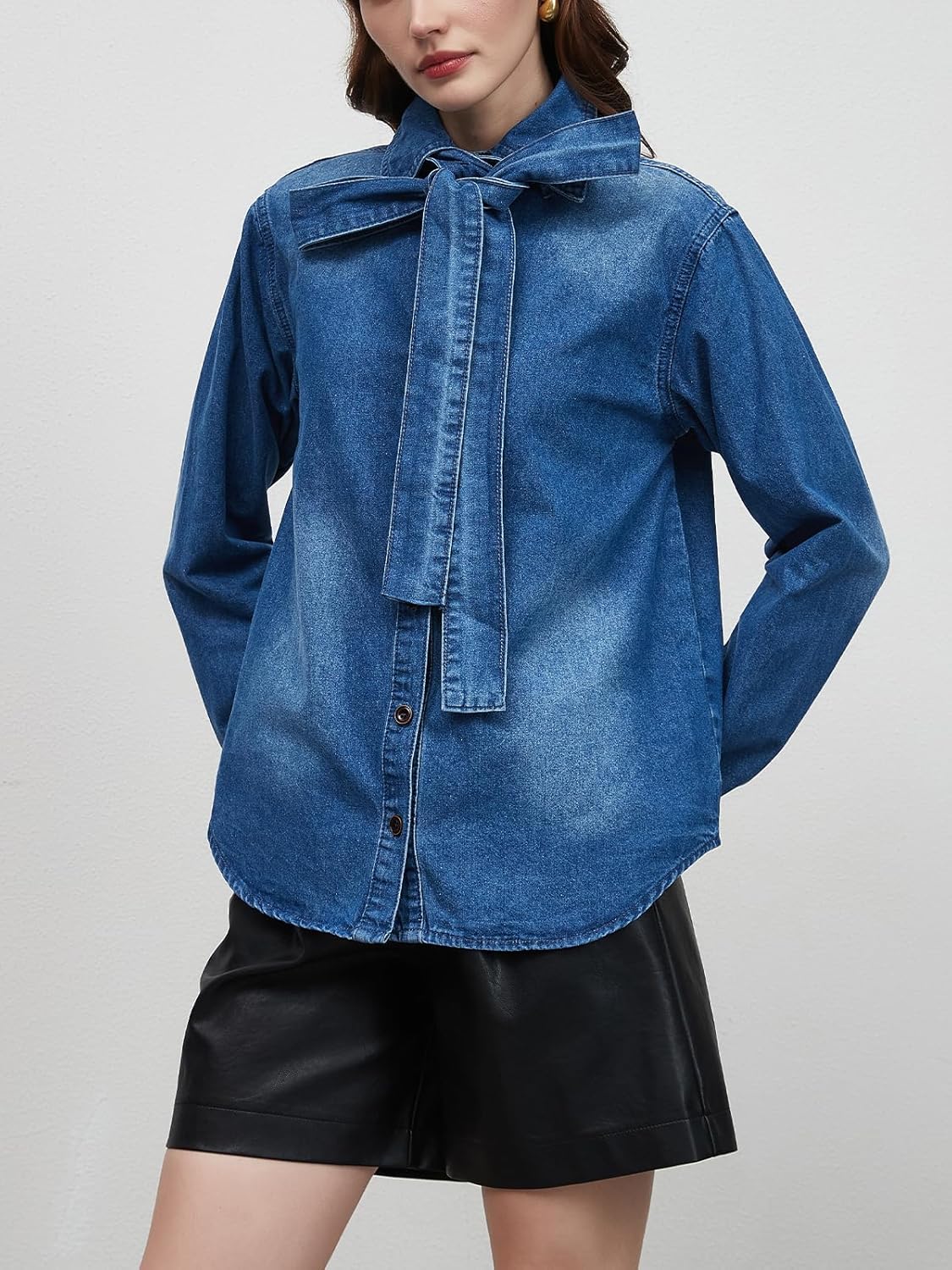 Women's Bow Tie Denim Shacket Jacket Button Down Long Sleeve Jean Shirt Tops - Image 4