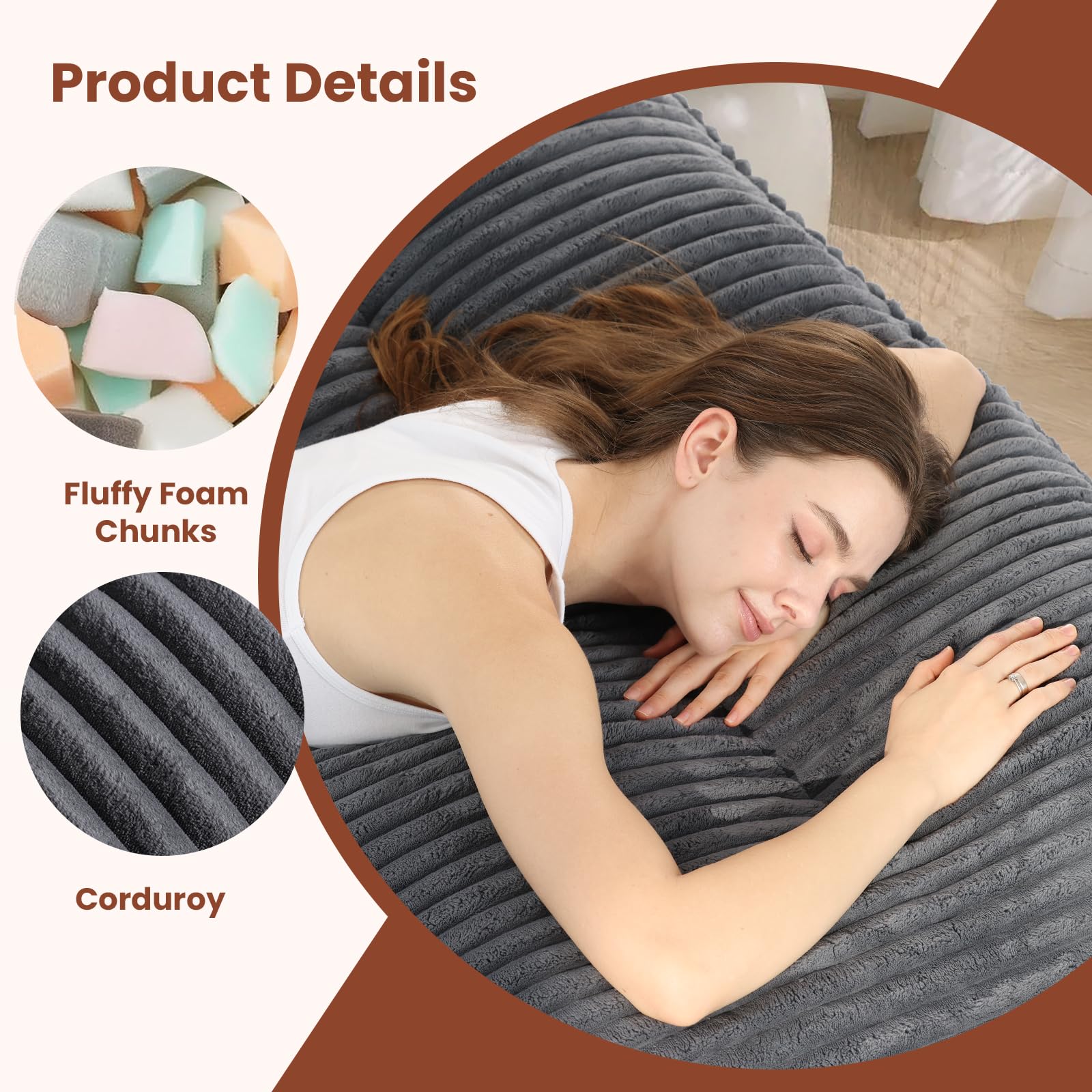 10" Futon Mattress Queen Size,Futons Sofa Couch Bed with Straps, Thick Corduroy Floor Mattress for Adults, Roll Up Folding Mattress Shredded Foam Filling, Medium Firm (Gray, Full)