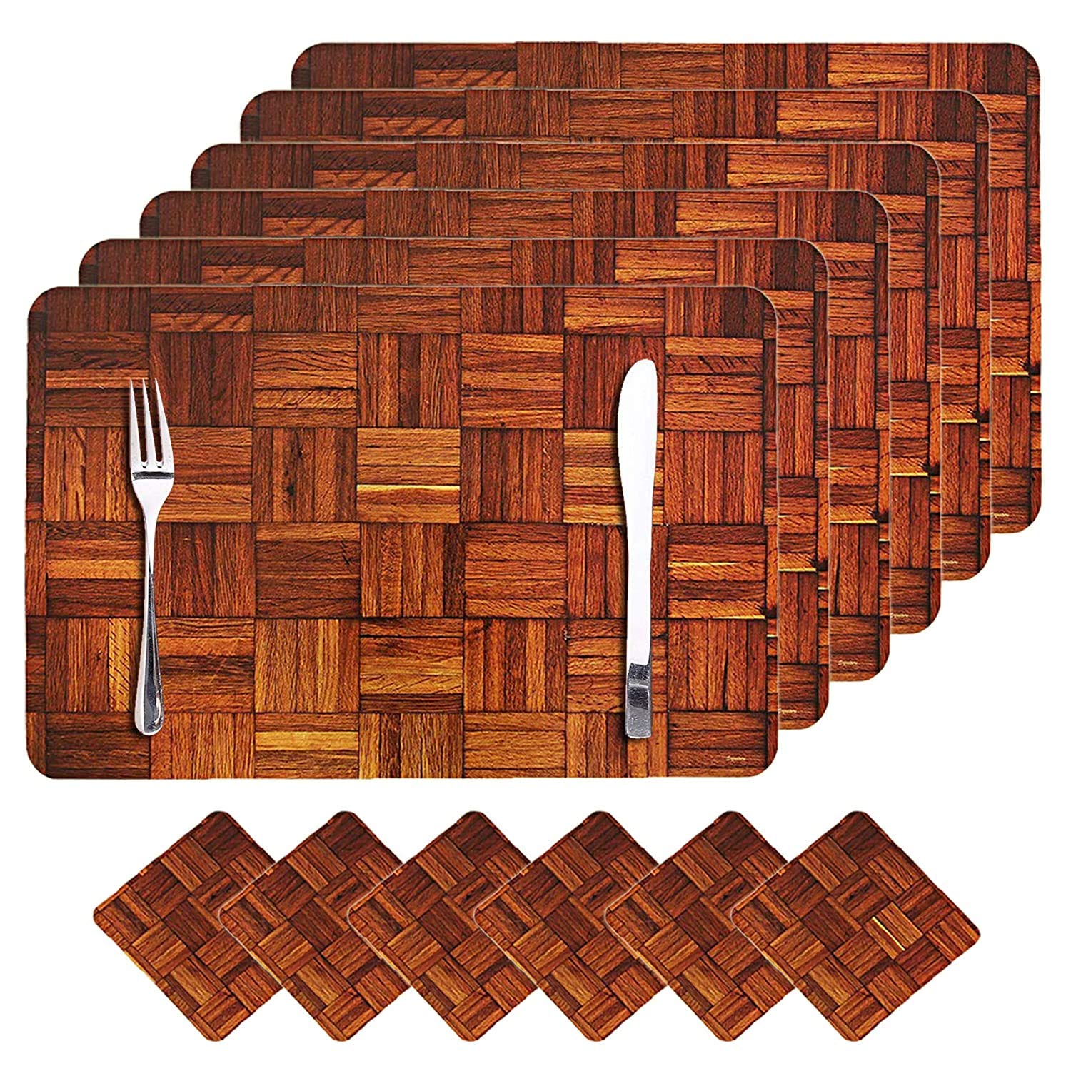 Amazon Brand - Solimo Polyvinyl Chloride/Pvc Dining Table Placemat And Tea Coaster Set, Set Of 6, Checkered, Brown (B084MS944R) Amazon Price History, Amazon Price Tracker