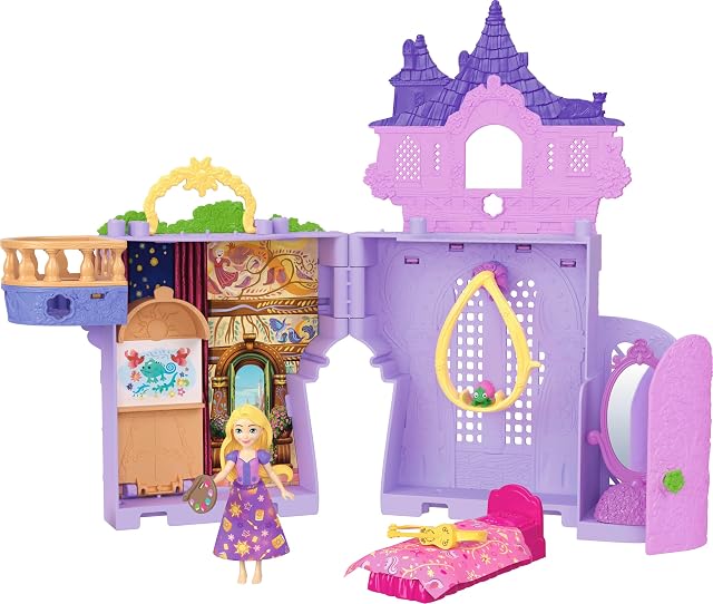 Disney Princess Princesas Storytime Stackers Rapunzel Casa de muñecas con forma de torre, con muñeca pequeña de Rapunzel, una figura de Pascal y siete accesorios, inspirado en la película, JDP61