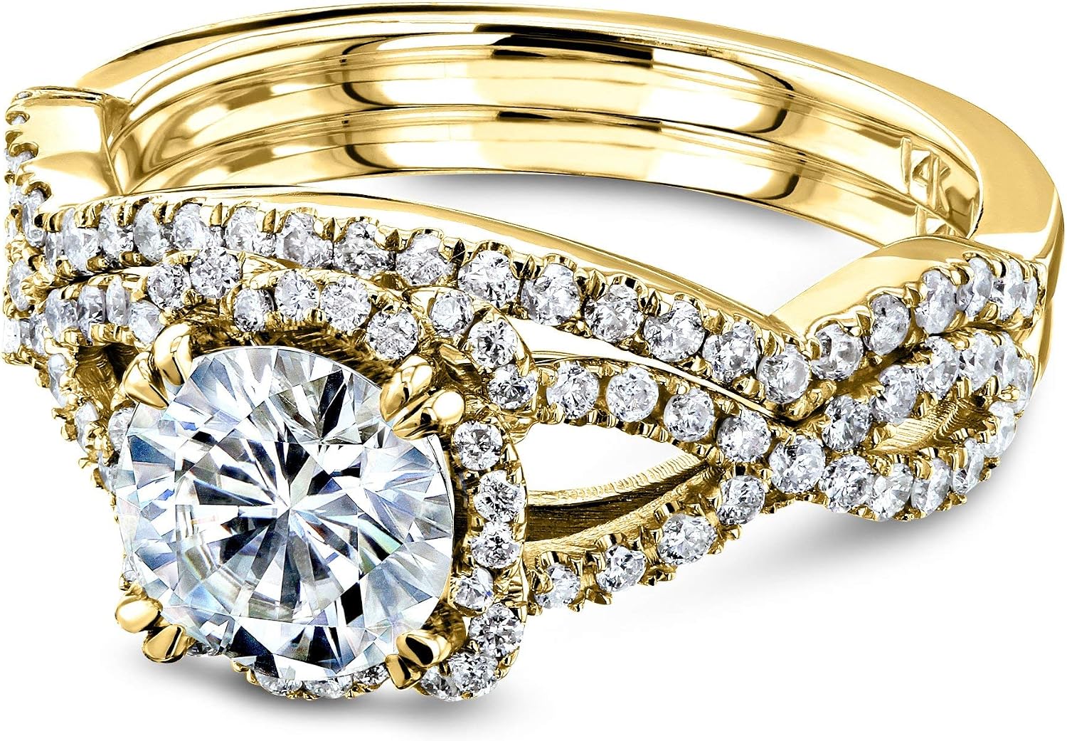 Kobelli Round Moissanite (GH/VS) Fancy Halo Cross Shank Gold Bridal Set
