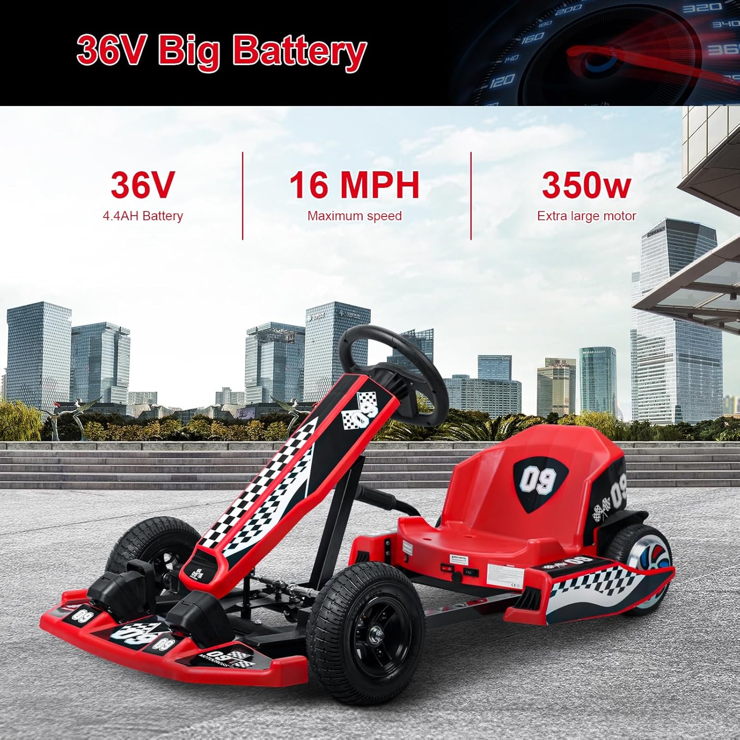 Kid Go Kart Electric Vehicles, 36V Electric Go Kart for Kids, 4 Wheels Electric Go Kart, 16 MPH Drift Kart with 350W Motor, Rear Wheel Shock Absorber & Comfortable Seat Cushion