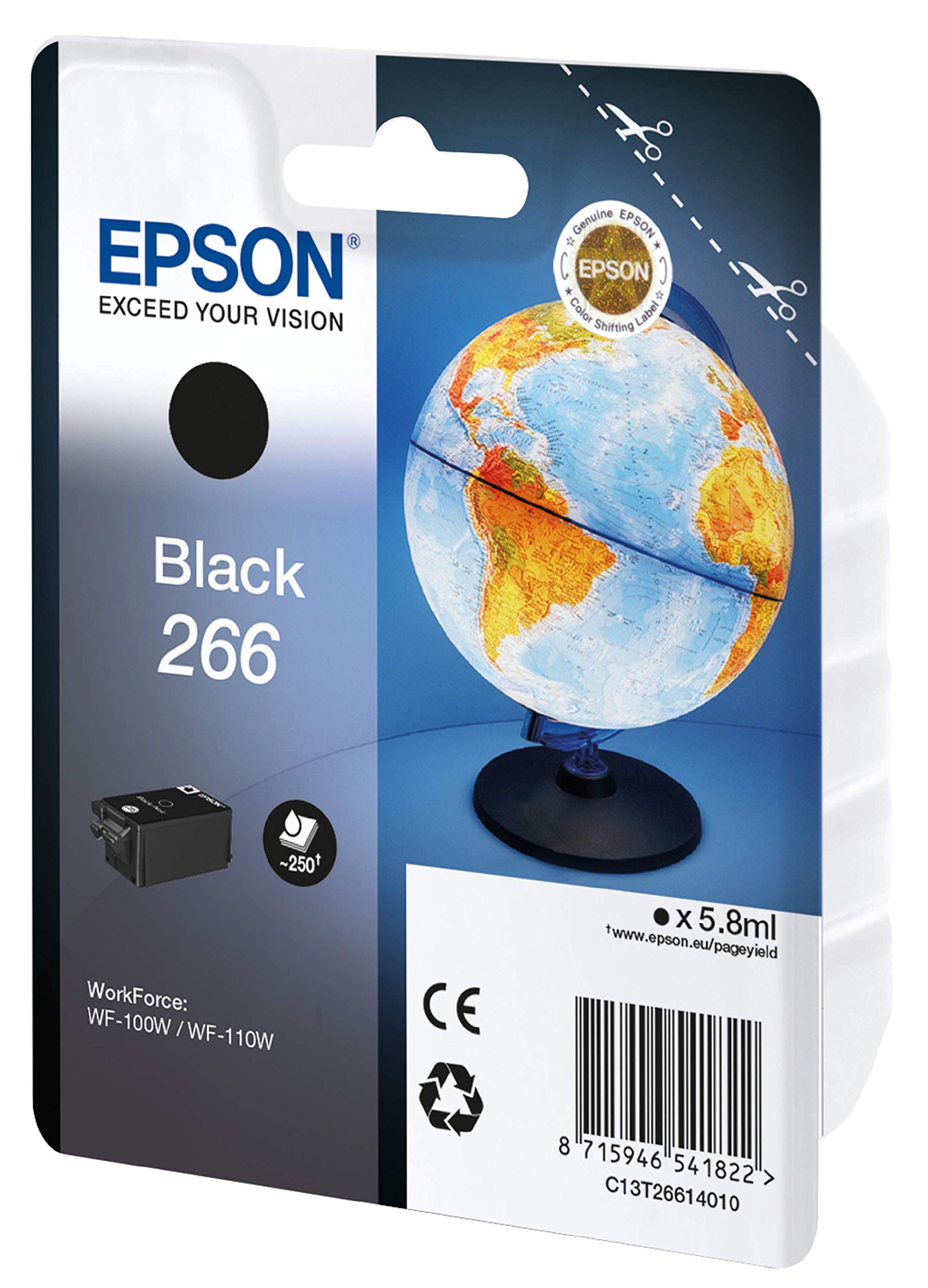 Epson workforce wf-110w, stampante a4 portatile inkjet, connettività wi-fi e wi-fi direct, batteria integrata, nero & 266 serie mappamondo, cartuccia originale getto d'inchiostro, formato standard