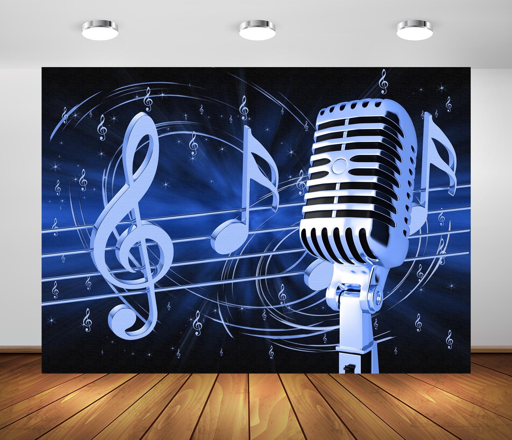 BELECO 7x5ft Fabric Microphone Music Backdrop Music Notation Musical Notes Background Music Karaoke Theme Party Decorations Photo Booth Shoot Studio