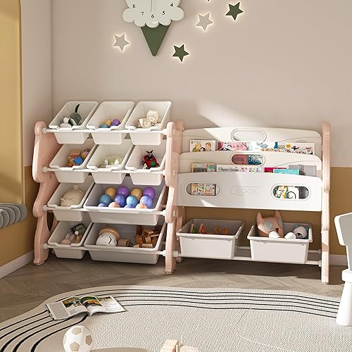 Kids Toy Storage Organizer with 2 Tier Bookshelf and 12 Bins, Multi-Purpose Children's Toy Shelf Organizer with Bins for Playroom, Bedroom, Nursery, Living Room
