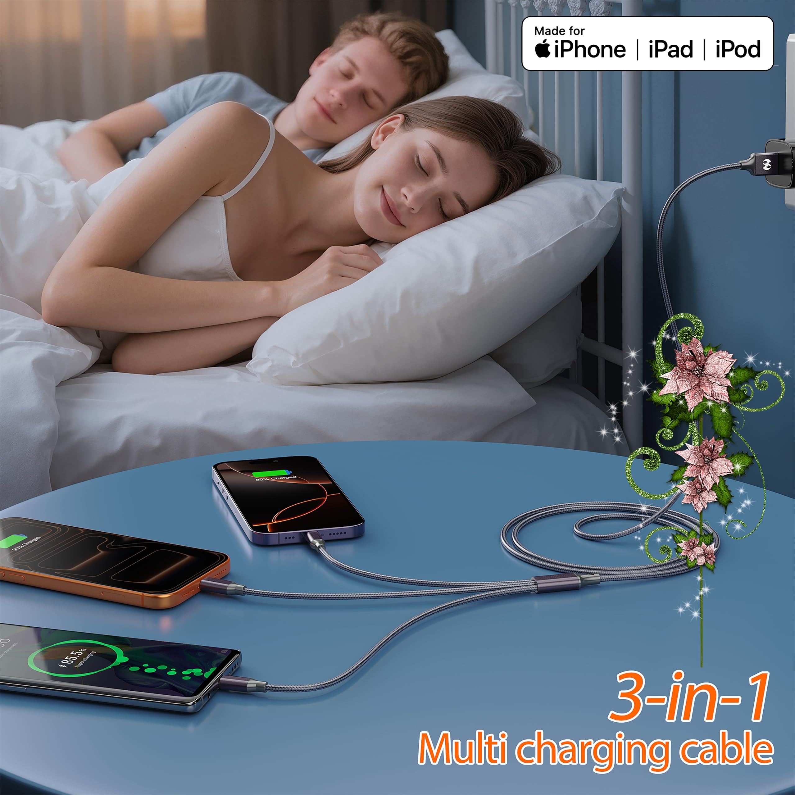 Cable de carga múltiple (4 pies, 2 unidades), cable de carga USB 3 en 1 para múltiples dispositivos, cable de carga universal trenzado para teléfono con tipo C/USB C, micro USB, puerto IP para iPhone