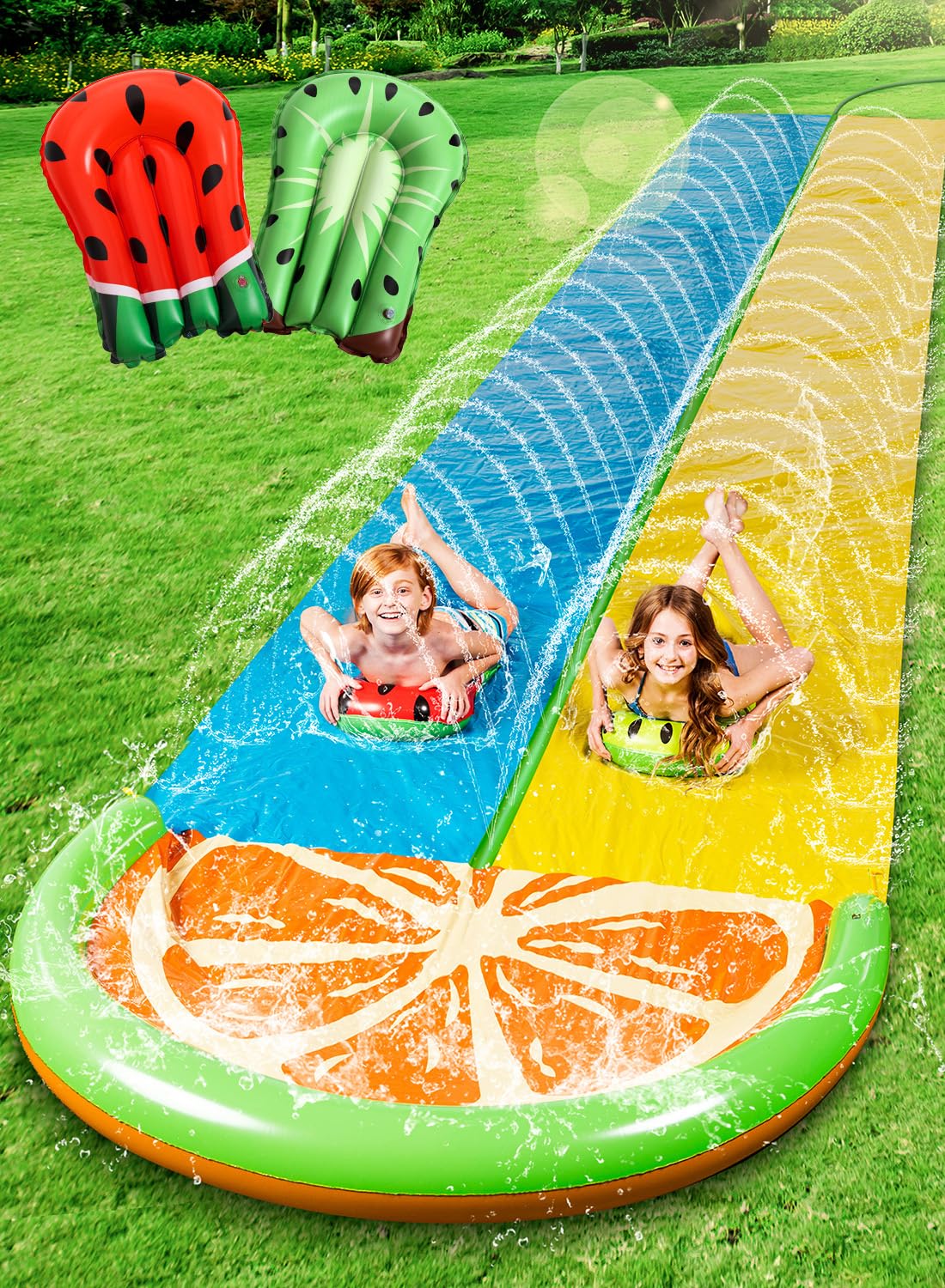 Sloosh Water Slides with 2 Inflatable Boards,22.5ft Double Lane Splash Slip Lawn Water Slide with Advanced Sprinklers Summer Toy for Kids Adults Fun Backyard Summer Outdoor, Orange