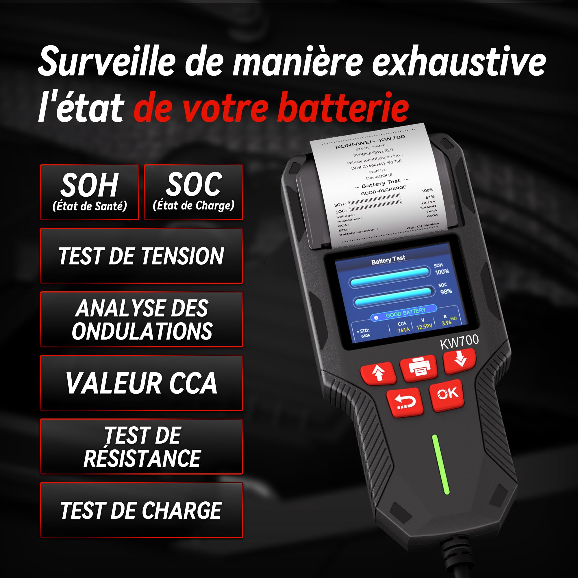 Testeur Batterie Voiture, KONNWEI KW700 12V 24V Testeur de Batterie et Alternateur Professionnel Analyseur de Batterie de Démarrage avec Imprimante Intégrée pour Auto Voiture Camion Moto