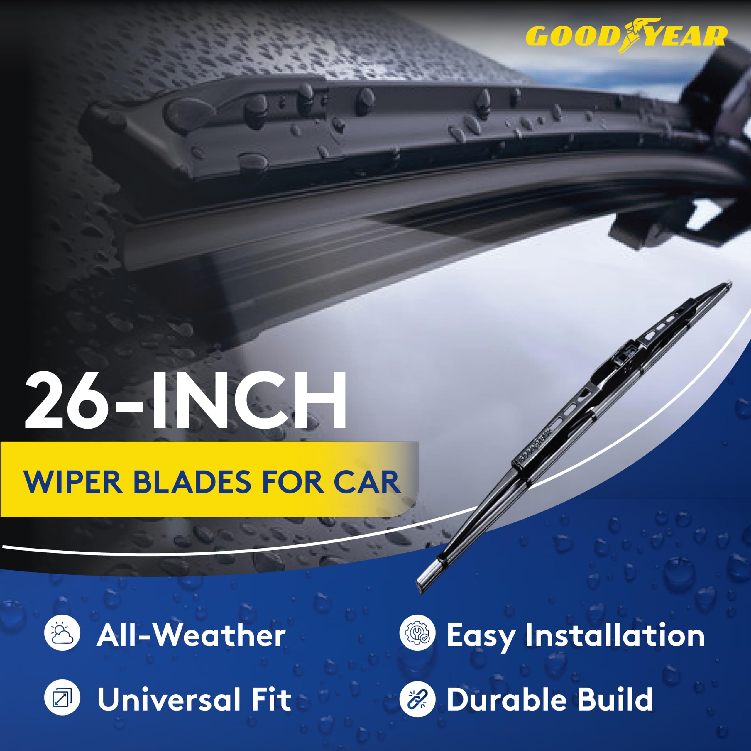 GOODYEAR Wiper Blades For Car - 26 Inch | Advanced Nanotech Graphite-Coated Rubber for Smooth Operation | With Universal Adaptor Socket For Windshield - Black - Image 2 thumbnail