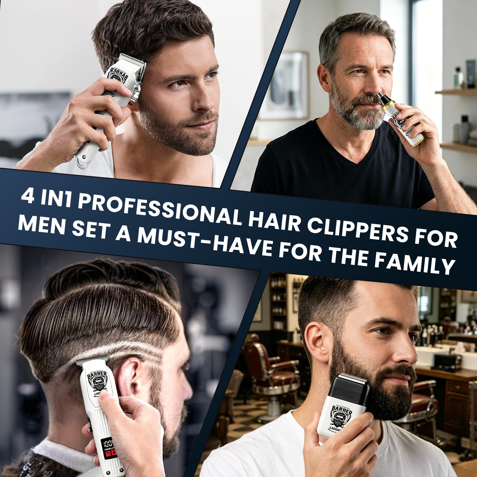 Cortapelos profesional inalámbrico recargable hombre, recortadora barba afeitadora eléctrica LCD 8 peines guía kit