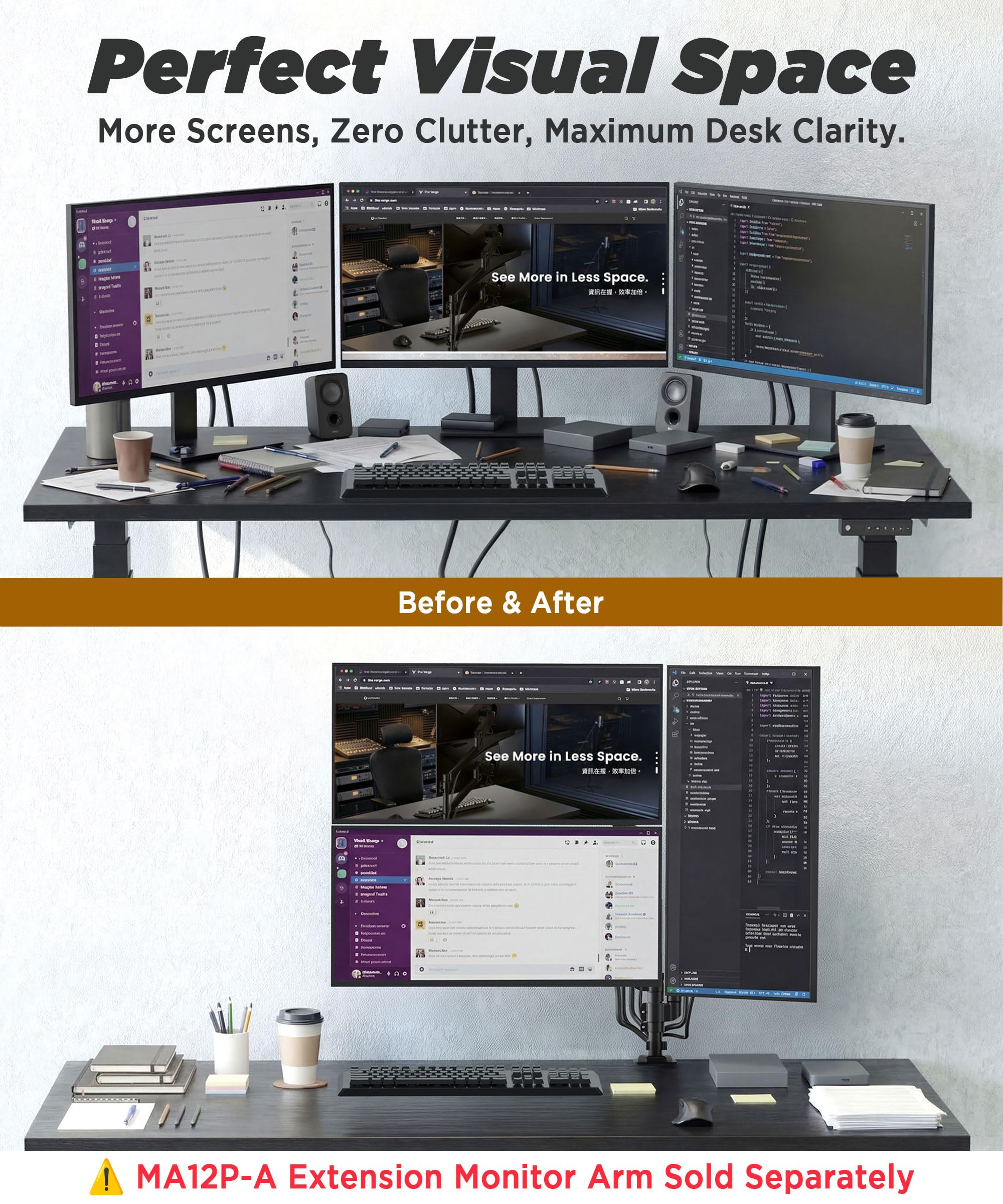 ULTRARM Braccio extra alto e robusto per monitor ultrawide da 40" | Altezza max 85 cm, capacità VESA 12 kg, morsetto a C e passacavi, regolabile, braccio ergonomico, Nero, MA12P-S