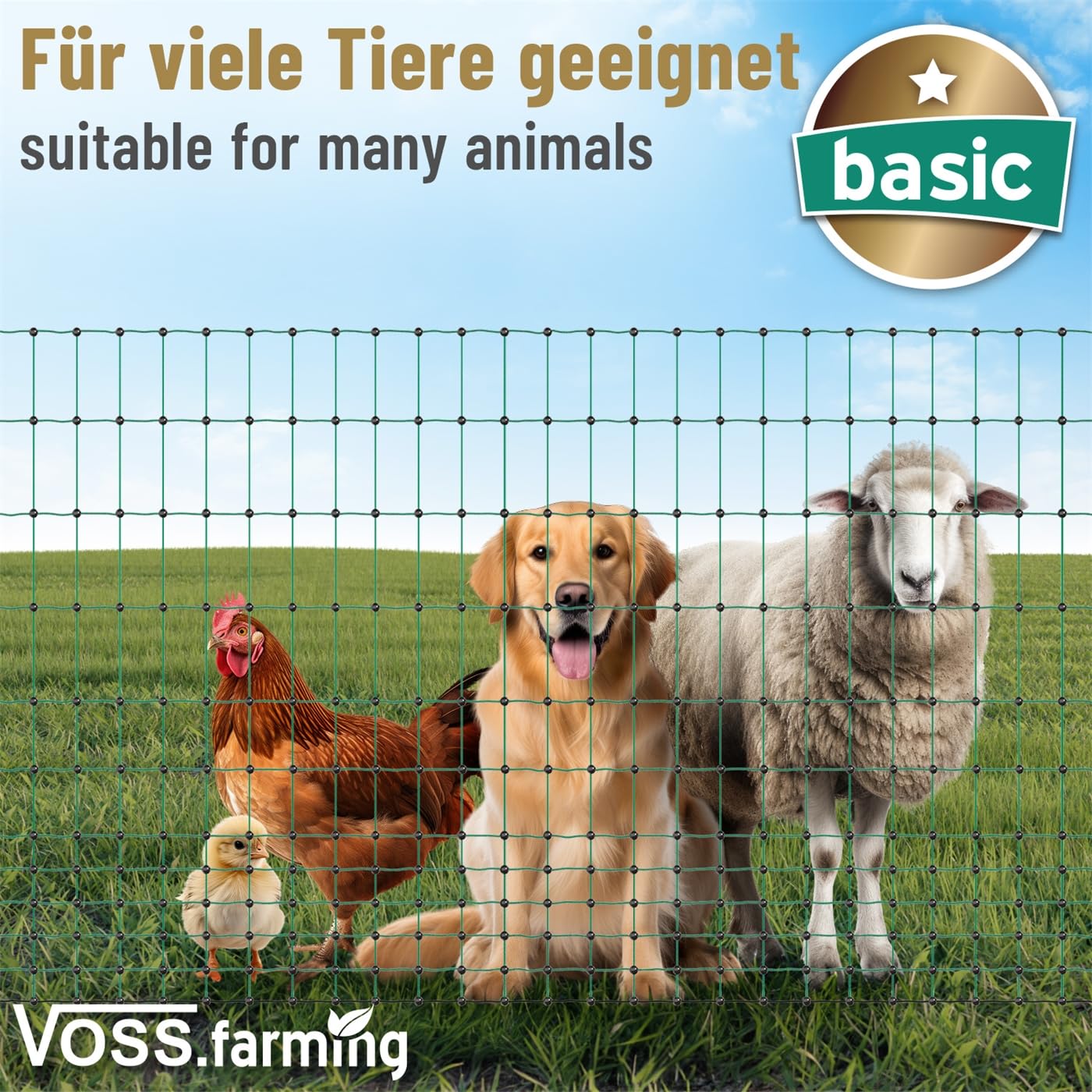 VOSS.farming Geflügelnetz 25m 112cm hoch Basic Hühnerzaun Nicht elektrifizierbar, 7 stabile Pfähle mit Doppelspitze, grüner Geflügelzaun, Flexibler Zaun, mobiler Begrenzungszaun für Hühner, Haustiere