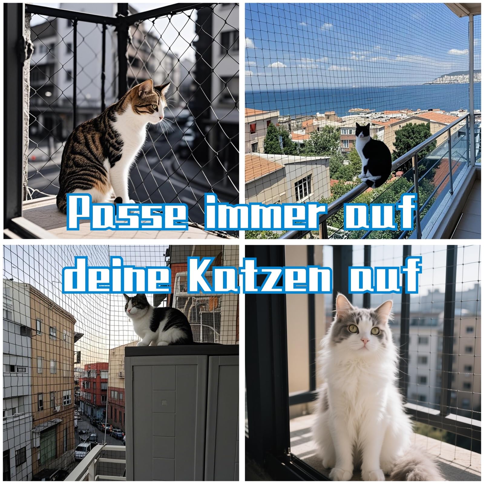 Katzennetz Für Balkon 8x3m | Drahtverstärkt mit HDPE + Stahlseil | UV-beständig & Wetterfest | Katzenschutznetz mit Bohr- und Klebemontage für Fenster, Terrasse, Tür | Schwarz