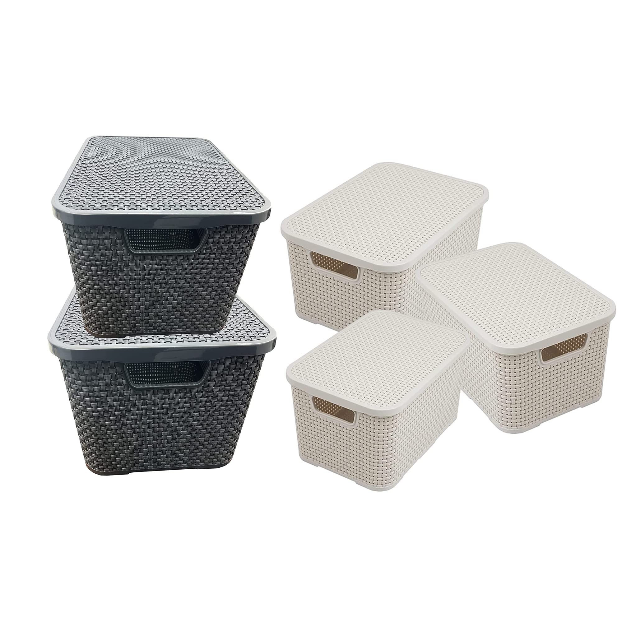 Pluto Packaging Cream Home Office Storage Containers Rattan Wicker Effect & Grey Bathroom Ktchen Living Room Boxes With Lids (2 Baskets, )
