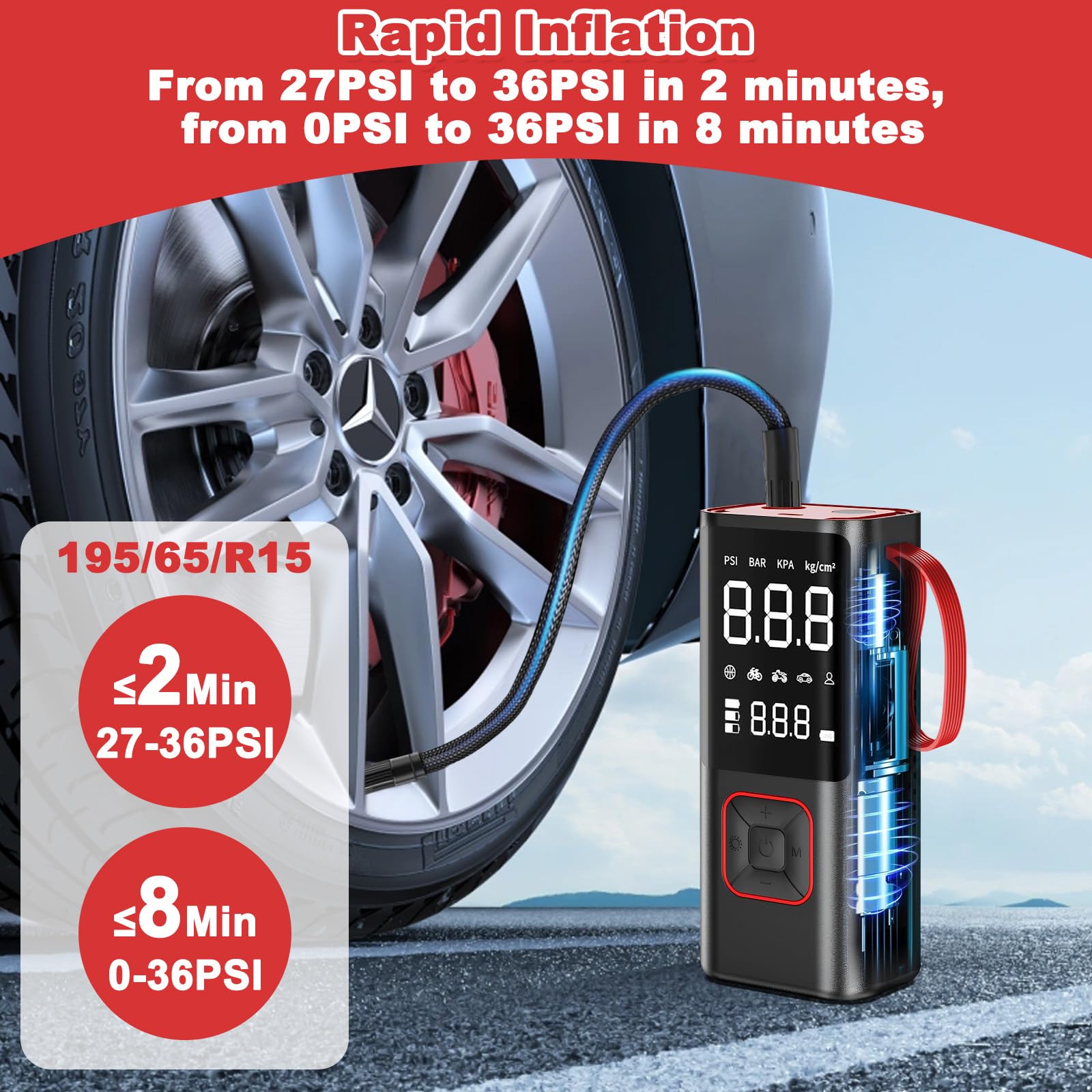 Gonfiatore Pneumatici Power Bank Torcia Elettrica 3 in 1, 6000mAh Compressore Aria Portatile, Pompa Ricaricabile Senza Fili Mini 150PSI, Accessori Auto per Bicicletta, Motociclette,Monopattino,Palloni