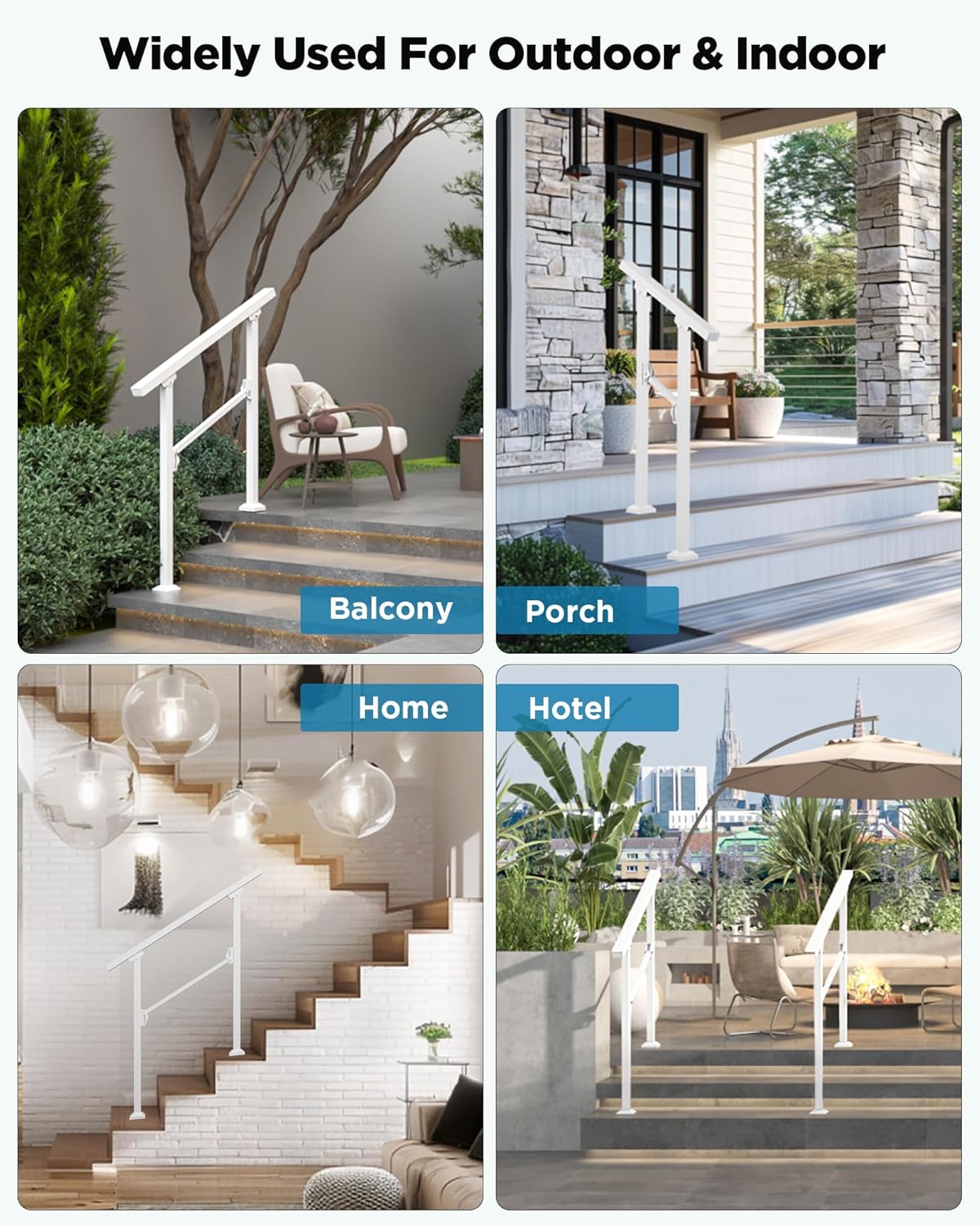 Signstek Handrails for Outdoor Steps - 2 Step Hand Rail Kit Outdoor Stair Railing - Upgrade Wrought Iron Metal Adjustable Staircase Handrail Exterior Concrete Stairs Railings for Porch/Deck, White