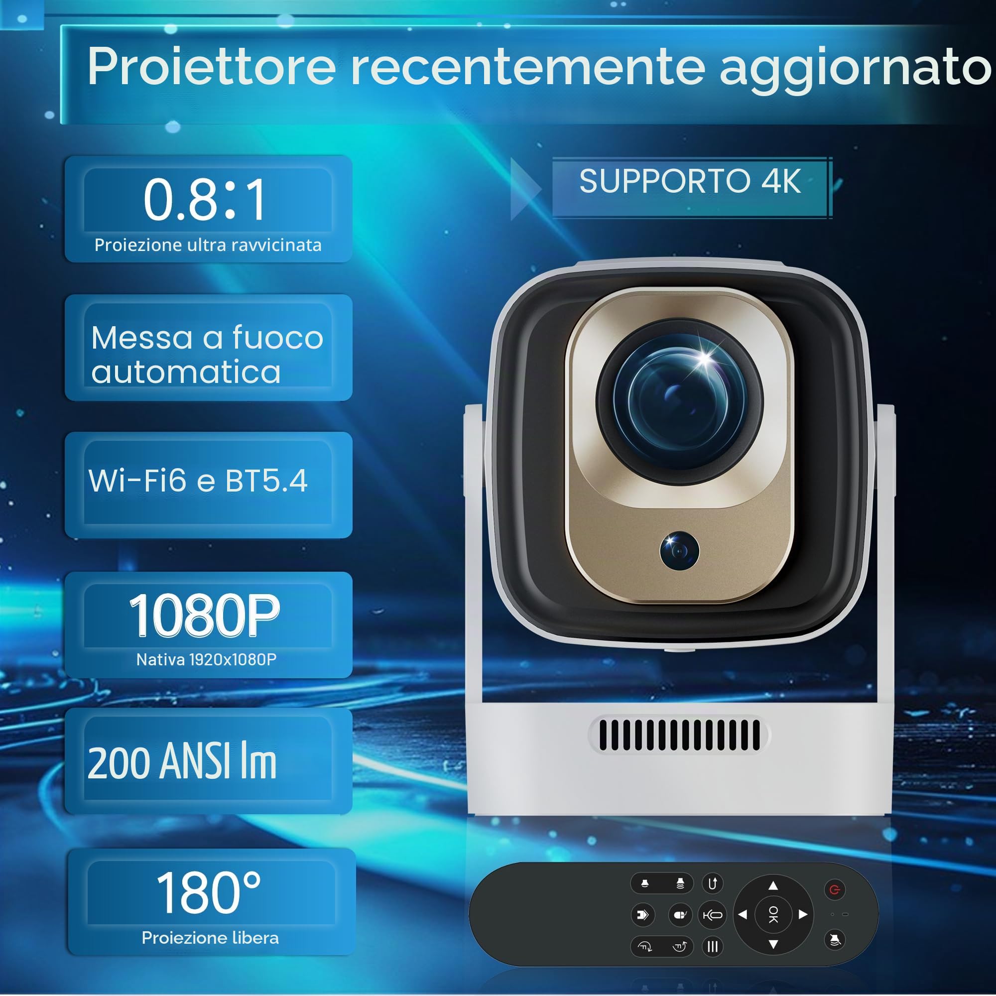 Mini proiettore 1080P video portatile 4K WiFi 6 Android 11 per telefono/PC/laptop/chiavetta, HDMI Home Theater rotazione di 180°