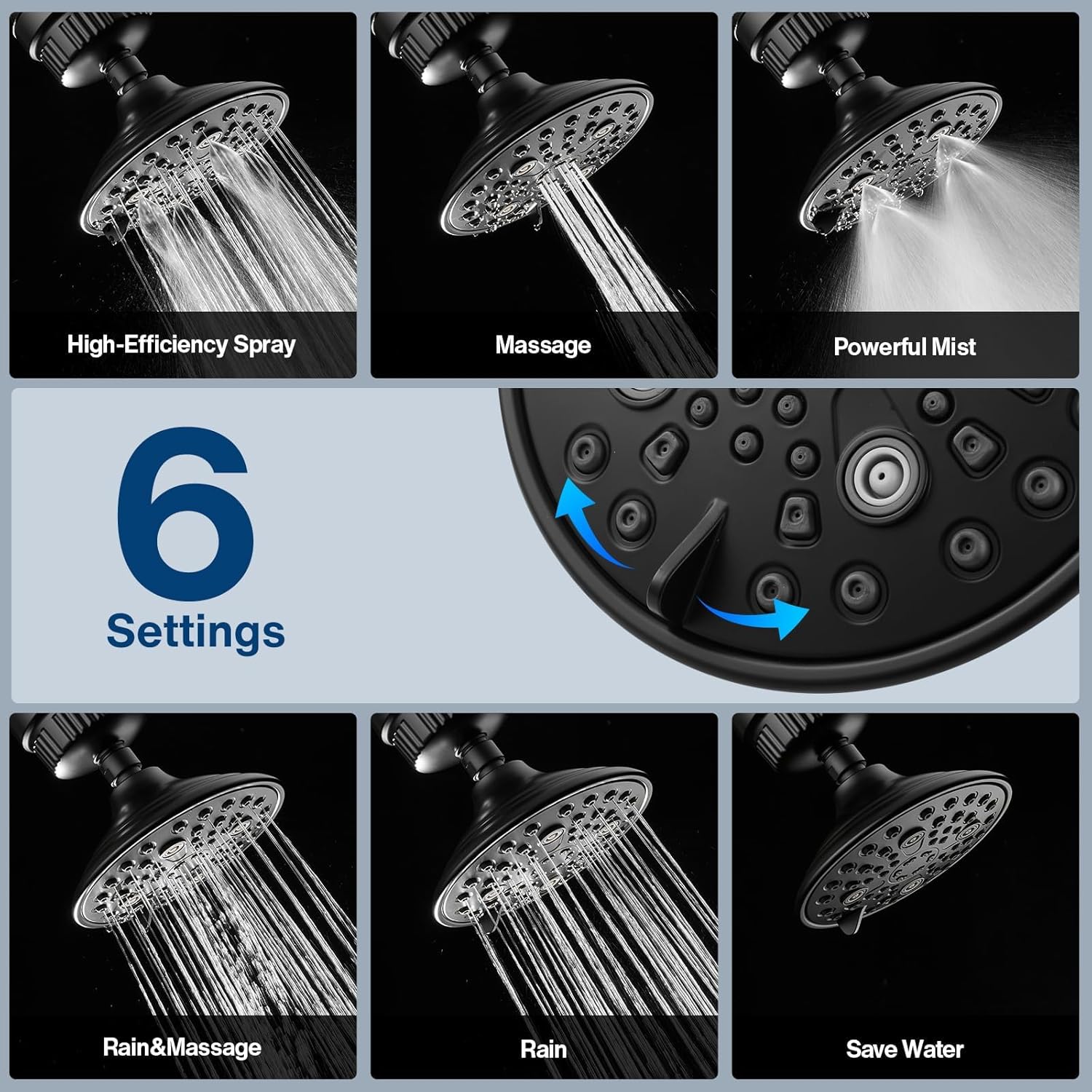 Cobbe 6-Setting Rain Shower Head with 20 Stage Shower Head Filter + 1 Replaceable Filter Cartridge(Black)