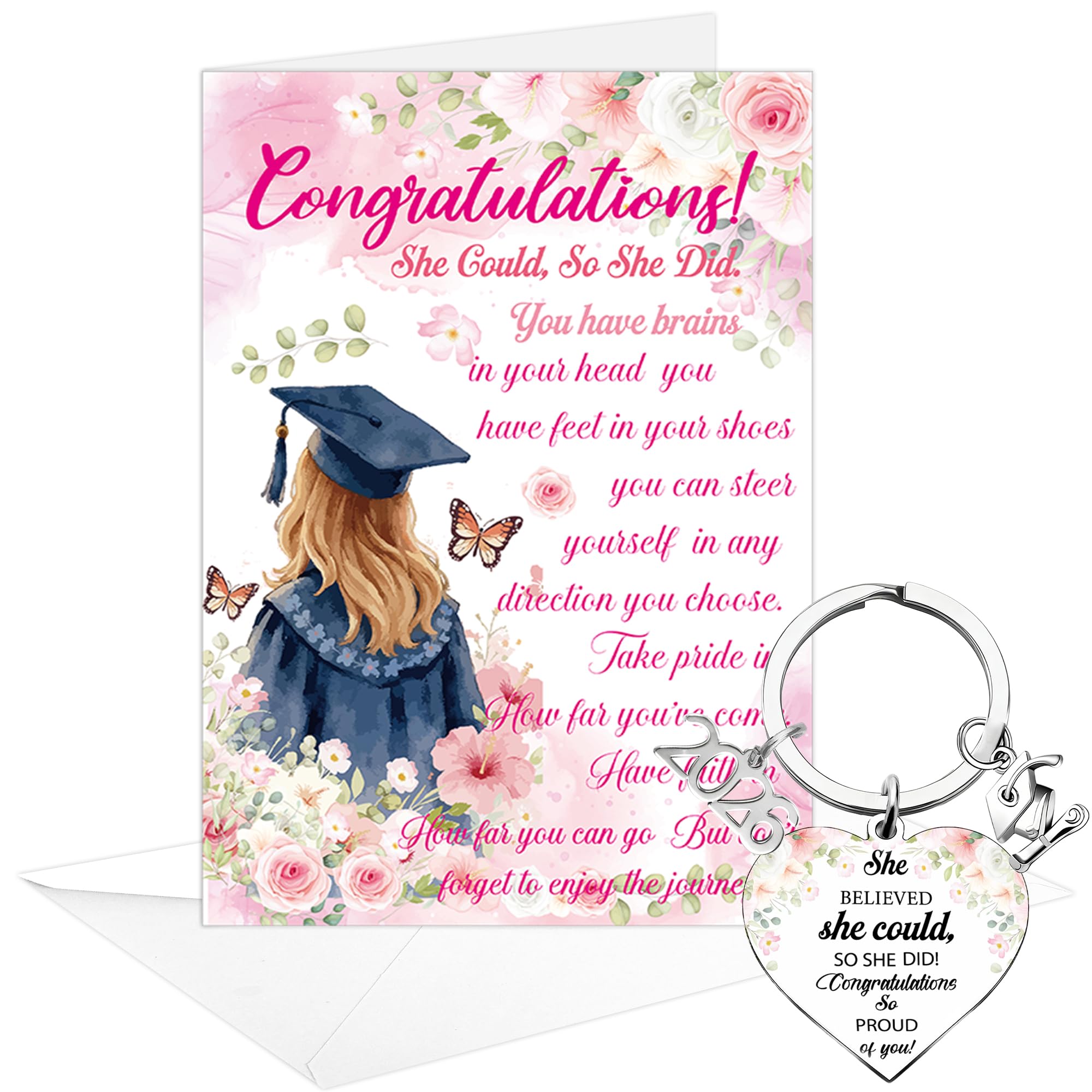 Graduation Card with Envelope & Heart Keyring, Graduation Present for Girls Friends Daughter, Class of 2026 Grad Gifts