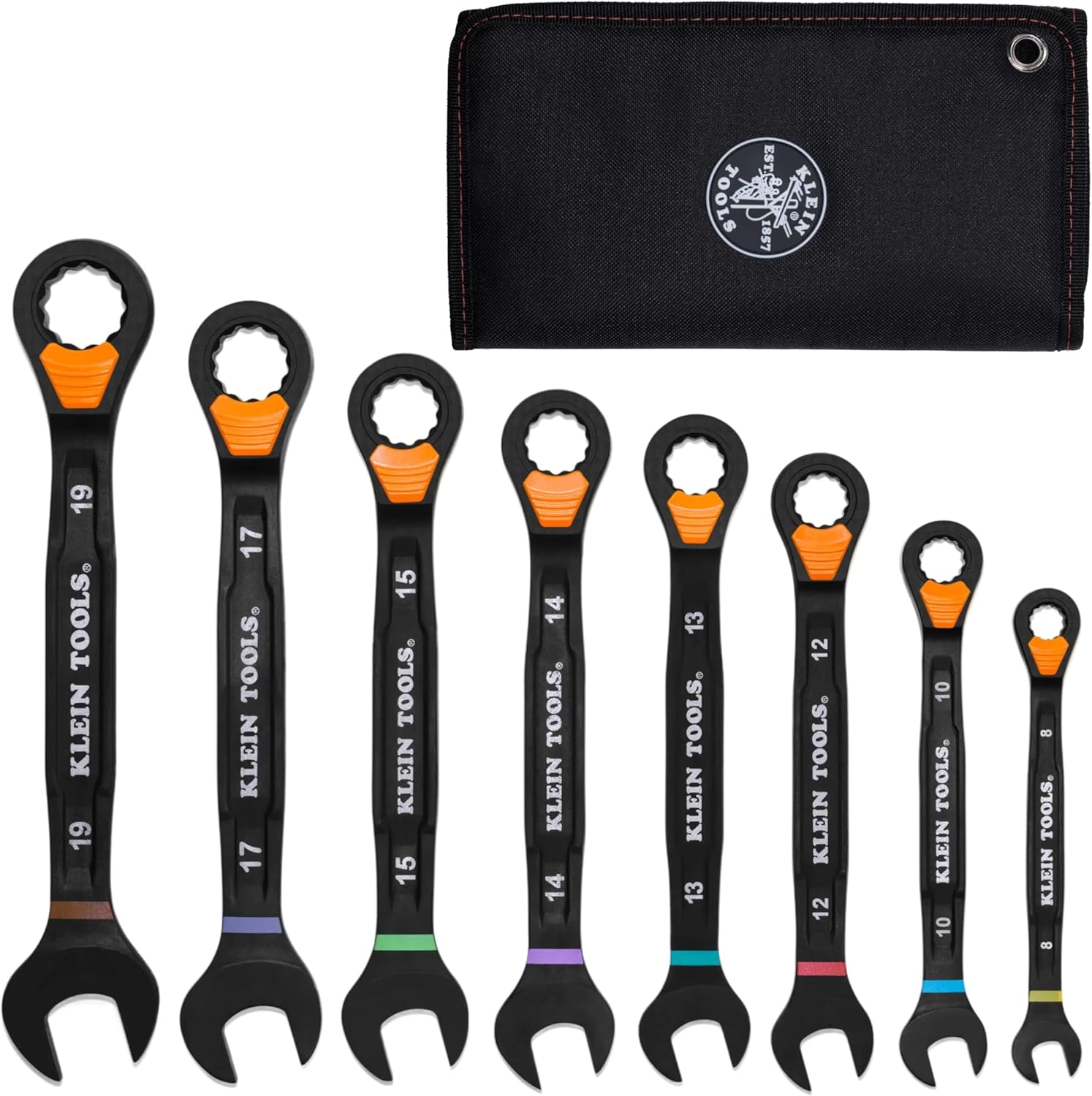 KLEIN TOOLS 69508M Metric Ratcheting Combination Wrench Set, 8-Piece, Slide-Lock 90-Tooth Ratchet, I-Beam Handle, Color-Coded Size Markings, Roll Pouch Storage