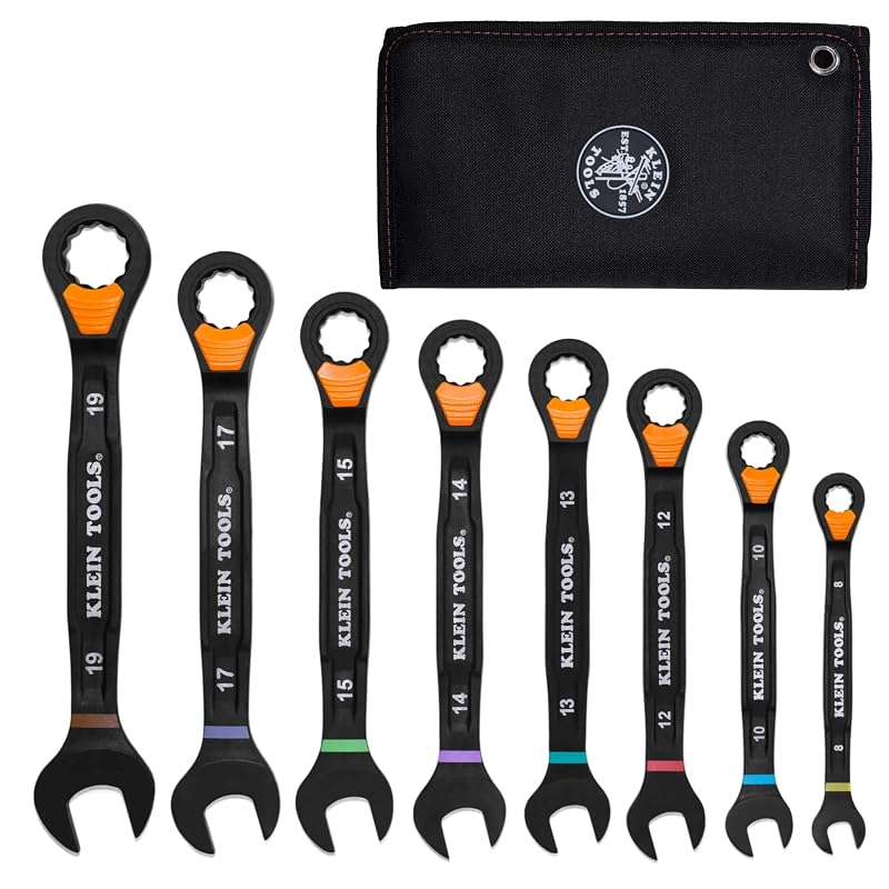 KLEIN TOOLS 69508M Jogo de Chaves Combinadas Métricas com Catraca Slide-Lock de 90 Dentes, Cabo I-Beam e Bolsa Enrolável, 8 Peças