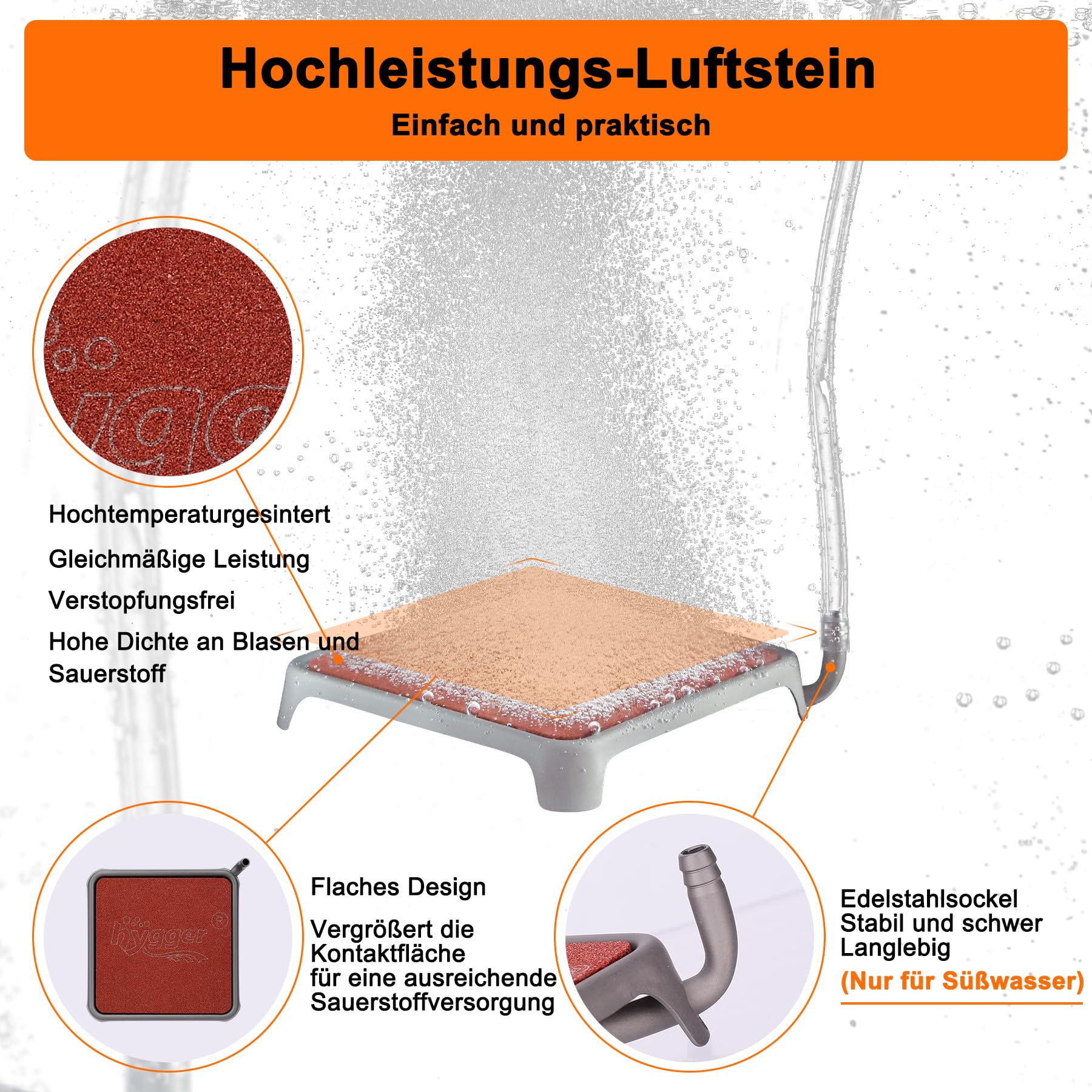 hygger Sprudelstein für Aquarium, Luftausströmer Aquarium Luftstein, Aquarium Ausströmer Sauerstoffstein Sprudler Set, Rot, Quadratisch Geformt, mit alle Zubehör, 42mm