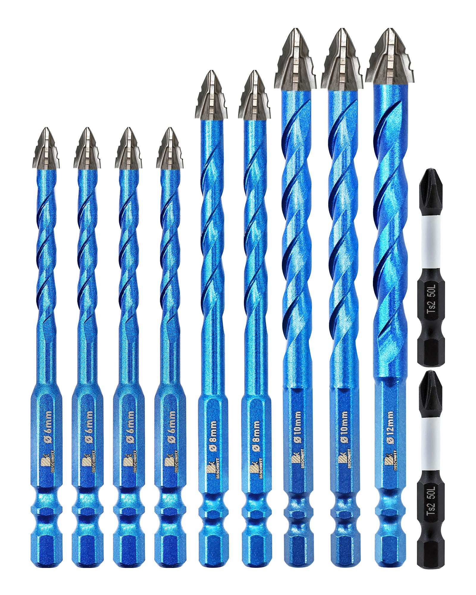 BRSCHNITT Verzahnter Hartmetall-Bohrerset für Mauerwerk - 11 Stück 6MM*4,8MM*2,10MM*2,12MM für Holz, Kunststoff, Ziegel, Fliesen, Glas, Beton, Marmor