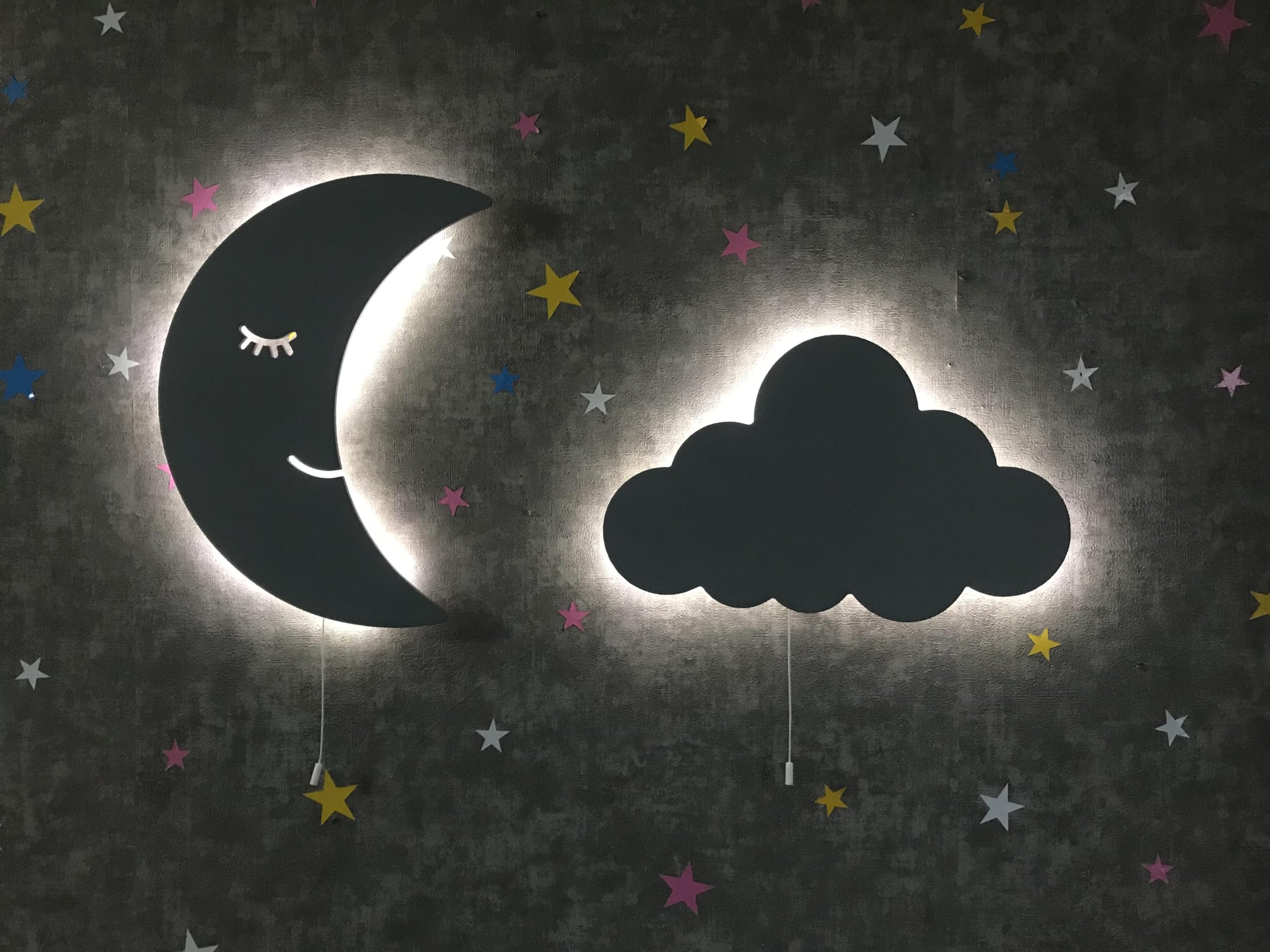Juego de 2 luces nocturnas de luna y nube para niños, inalámbricas, funciona con pilas, decoración para guardería y habitación de niños, luz nocturna LED suave para bebé, lámparas de pared colgantes