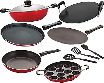 Nirlon Classic Range Non Stick Aluminium Gas Compatible Cookware Utensils Combo Set Offer [2.6mm_FT13_CT_DKDB_APPAM_RT_TP24_3SPN]