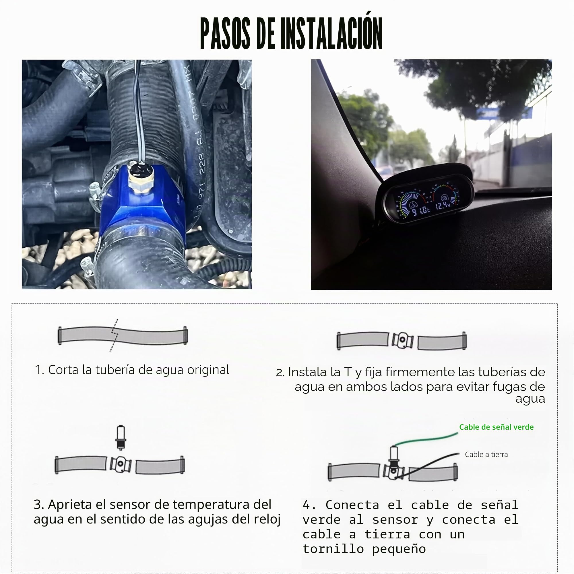 Kit de medidor de temperatura de agua para automóvil Letgoing - Medidor de temperatura de agua digital 10-120°C, voltímetro CC 9-36V, tubo de conexión de temperatura de agua de aluminio azul, sensor