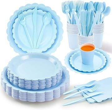 Fijinhom Light Blue Paper Plates Set, 175 PCS Party Supplies, Disposable Dinnerware Set for 25 Guests, Light Blue Paper Plates Napkins Cups Blue Plastic Forks Knives Spoons for Wedding Festivals