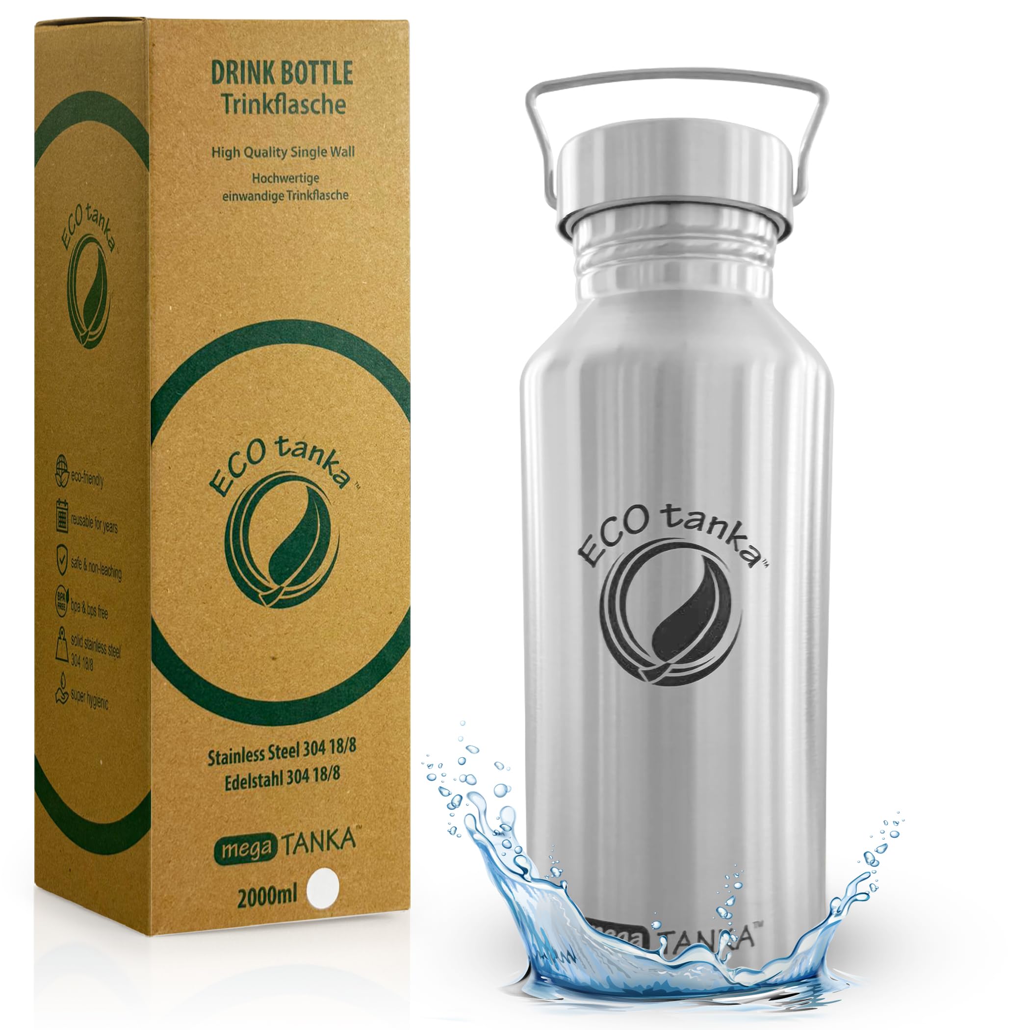 ECOtanka megaTANKA, 2000ml, Bouteille/Gourde en Acier Inoxydable, sans BPA, écologique, Durable, Robuste, très léger