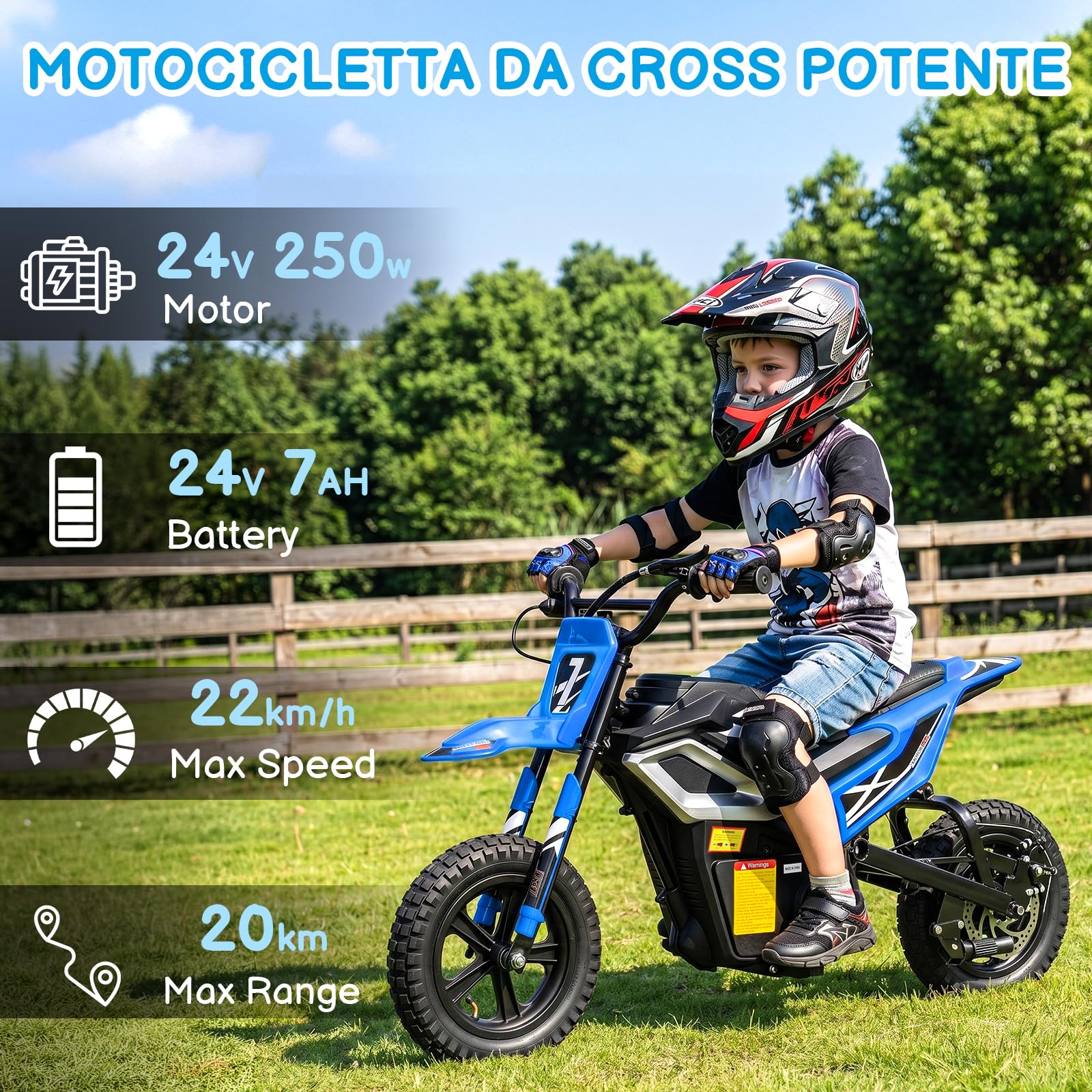 LALAHO Moto elettrica per bambini 24V 7Ah con Motore Senza Spazzole 250W, Max 22,5 km/h, Autonomia 19 KM, Pneumatico gonfiabile da 12 pollici (Blu)