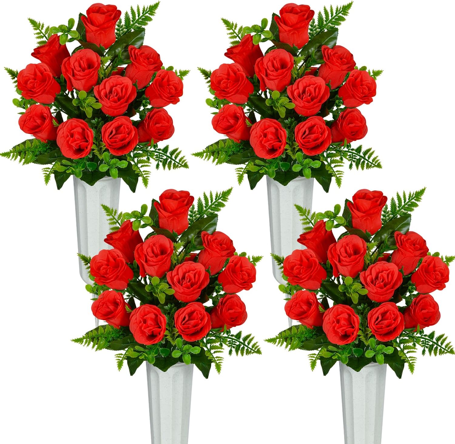 XONOR Artificial Cemetery Flowers, Set of 2 Artificial Rose Bouquet Grave Memorial Flowers with Vase for Cemetery Headstones Decoration (Red, Set of 4)