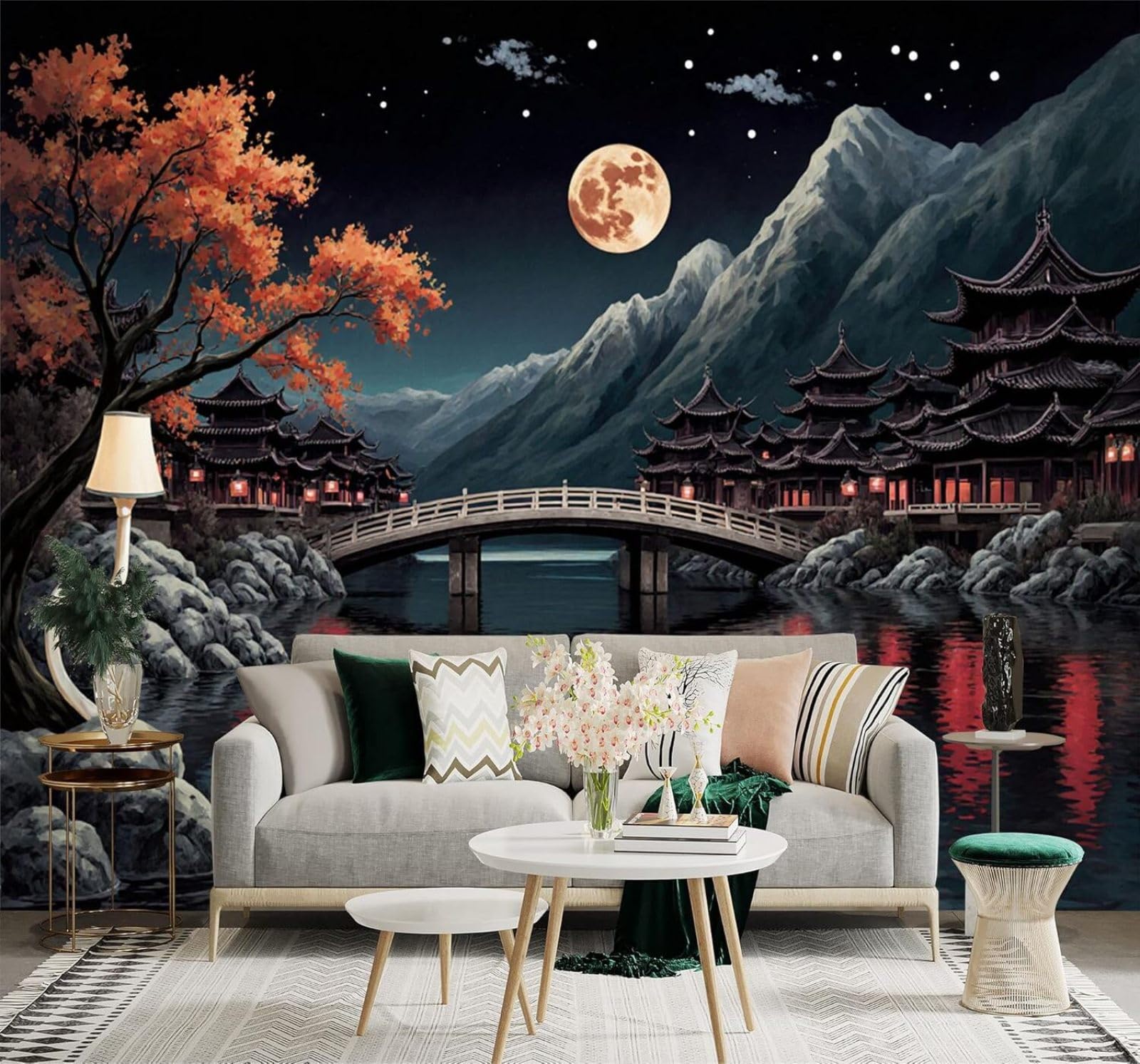 XLMING Moonlight Lake Bridge Pagoda Autumn Trees 3D Wallpaper Premium Textured Silk Study Dining Living Room Bedroom Sofa TV Wall Easy Install-430cm×300cm