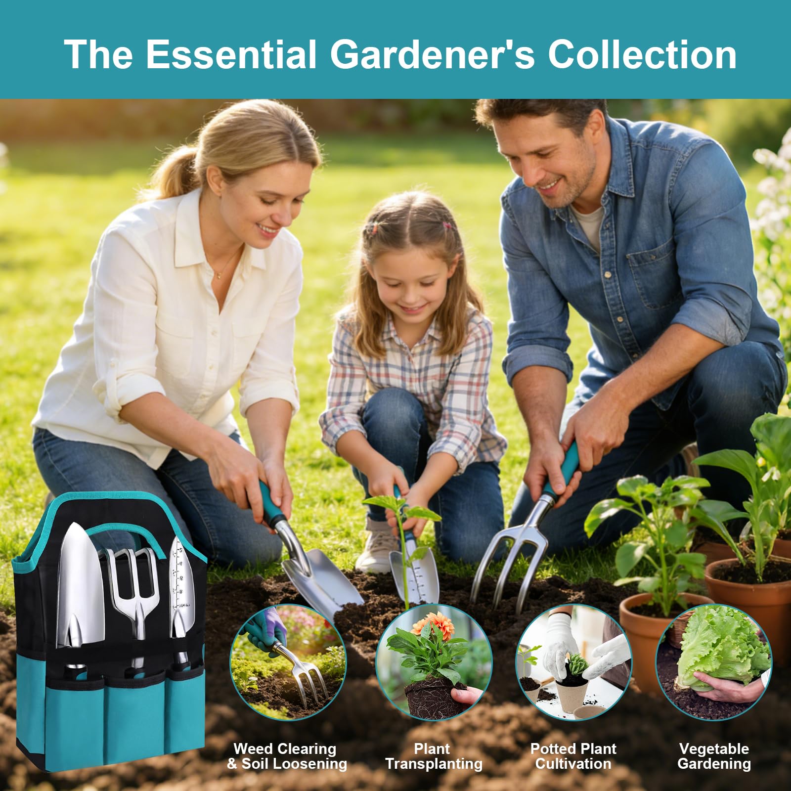 Kit Giardinaggio 7 Pezzi, Attrezzi Giardinaggio in Alluminio con Manico Ergonomico Antiscivolo, Antiruggine e Borsa, Set Giardino Completo per Uomini e Donne