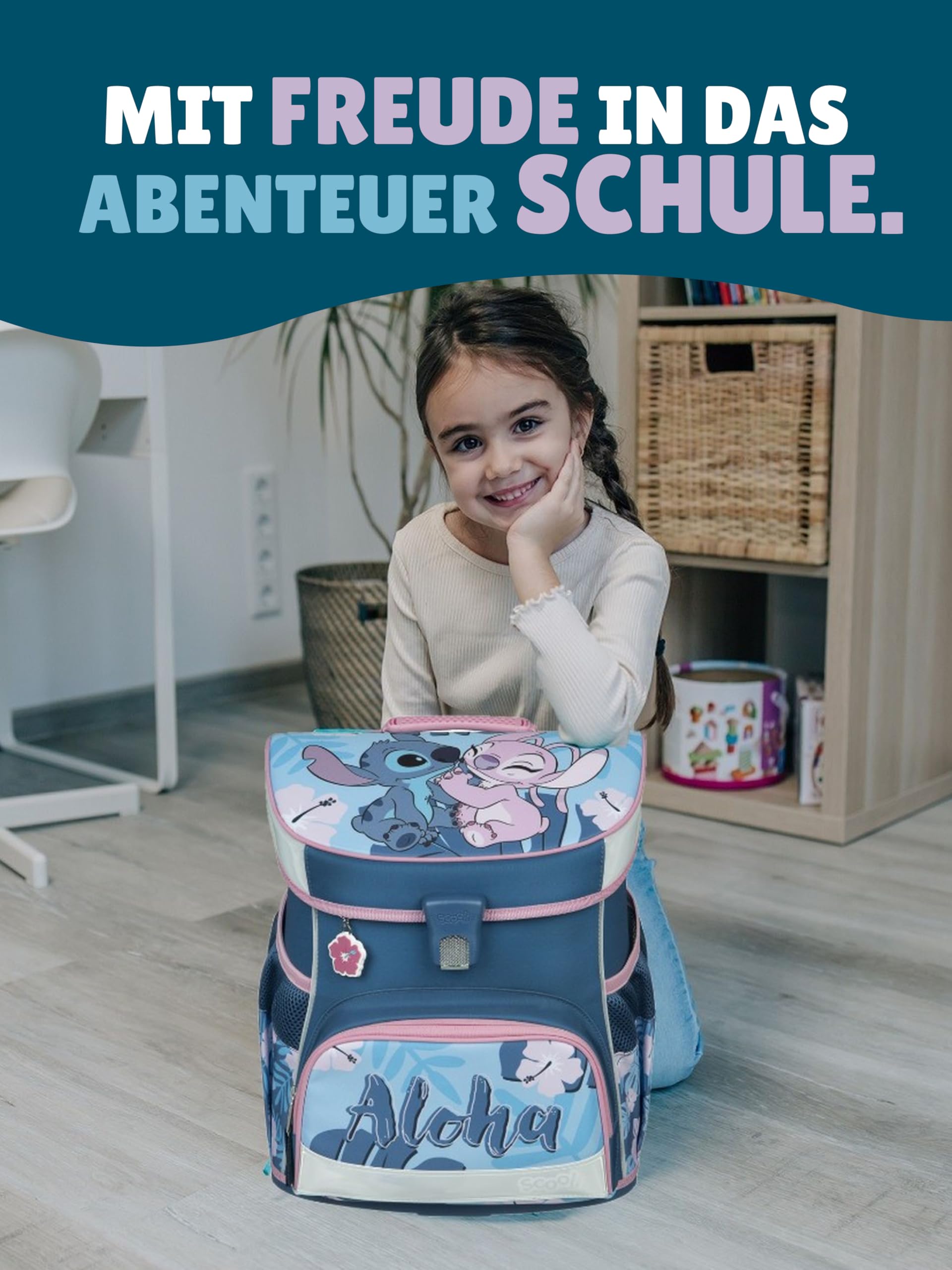 Familando - Scooli Campus Fit Schulranzen Set - 9-teilig mit Sporttasche - Disney Stitch - Ergonomisch, stabil & 980g leicht - 18L Volumen - Brustgurt & Reflektoren - ab 1. Klasse