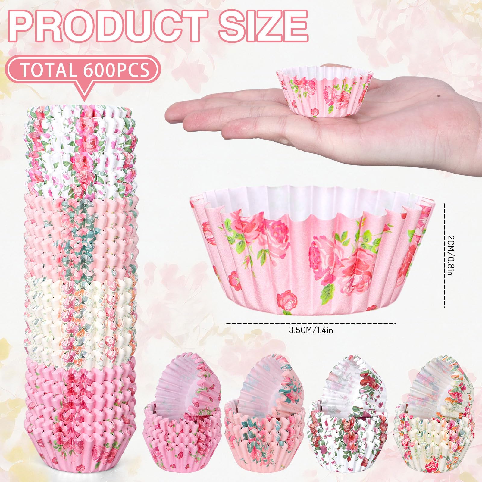 JarThenaAMCS 600Pcs Spring Mini Floral Cupcake Liners Pink Watercolor Flower Baking Cups Cupcake Wrappers Holders Muffin Liners for Easter Wedding Bridal Shower Birthday Tea Party Decor,1.4 x 0.8 Inch