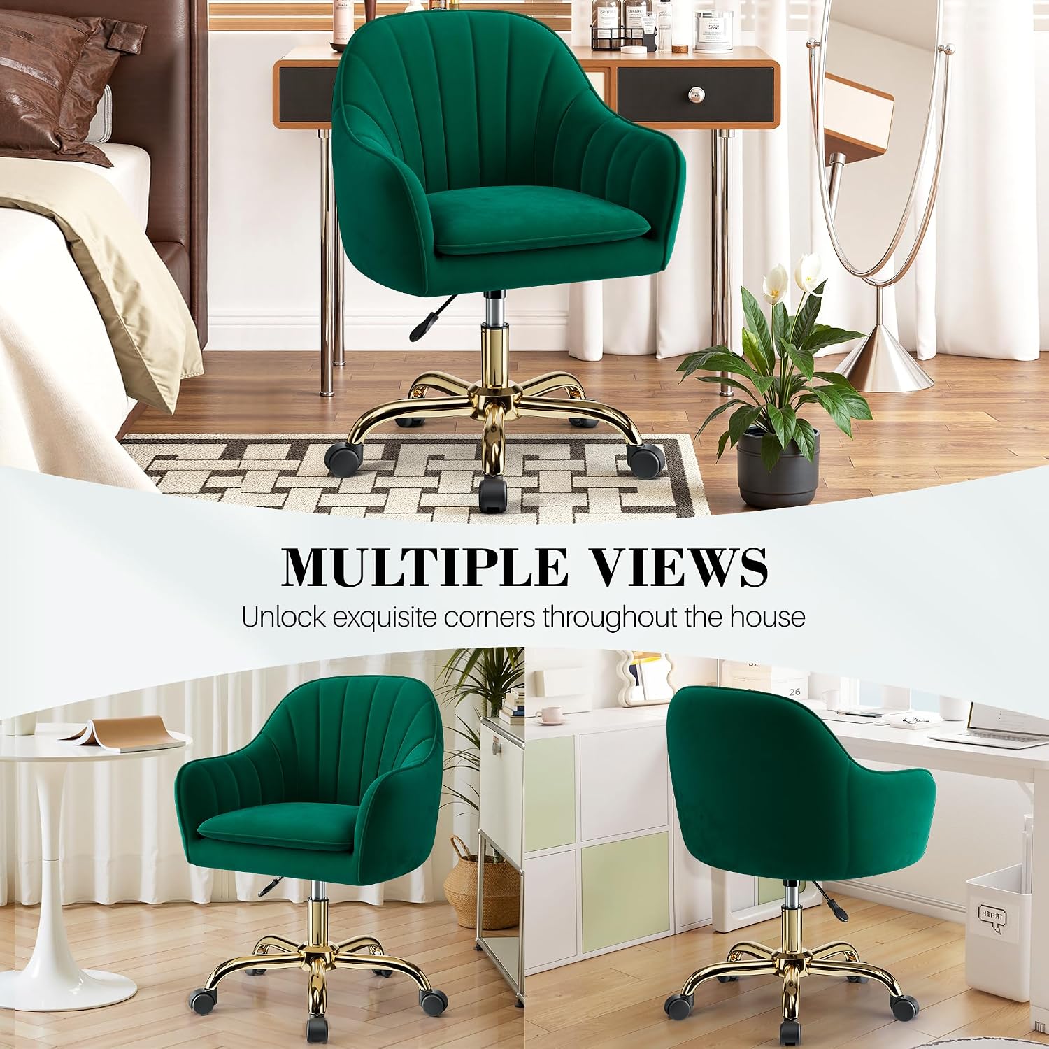Vanity Chair with Wheels, Comfy Home Office Desk Chairs Adjustable Modern Velvet Makeup Vanity Chairs for Bedroom Living Room-Green - 5