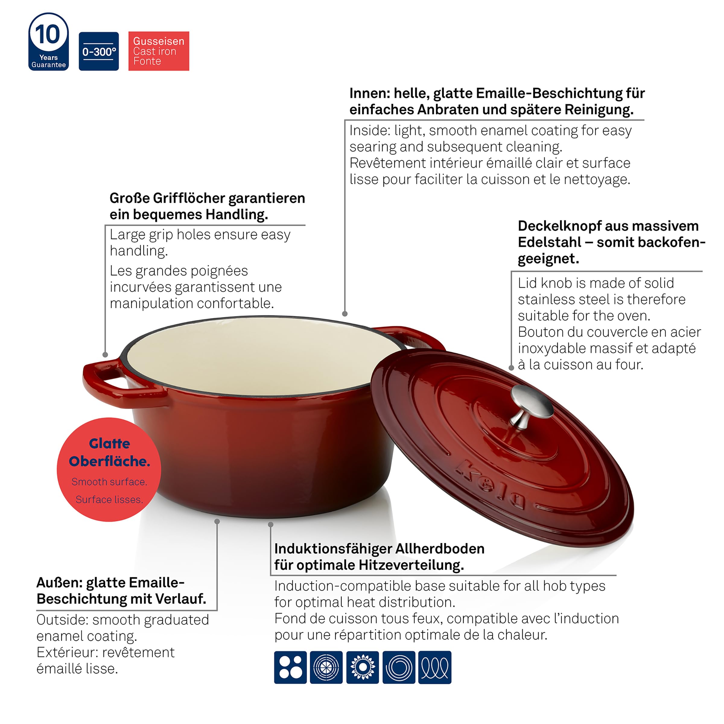 kela Cocotte en fonte ronde 3,8 litres, Dutch Oven CALIDO, Cuve en fonte à induction avec couvercle, émaillée, rouge