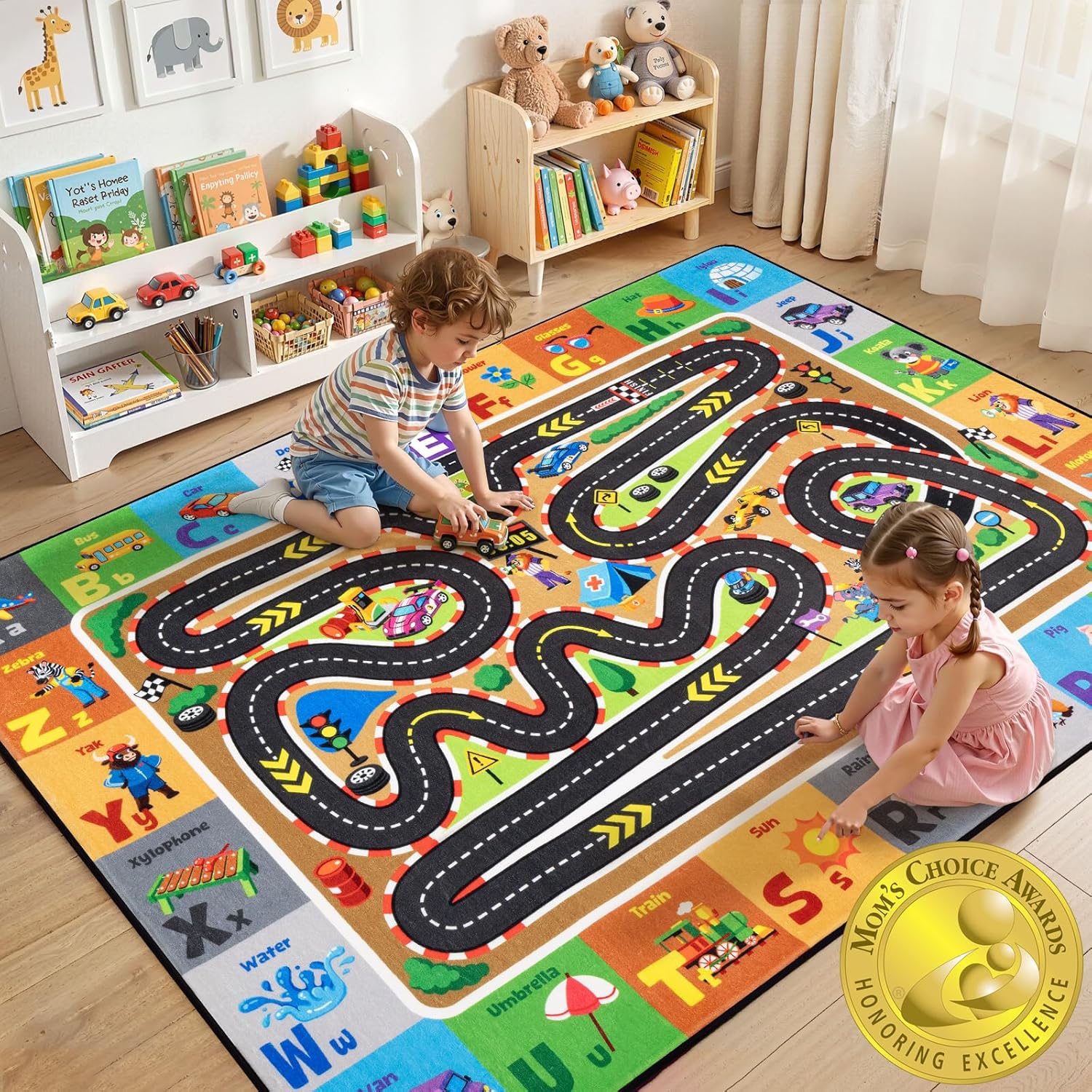 Construction Site Play Rug for Kids, Car Play Mat with Roads for Toy Cars, Soft Non-Slip Machine Washable Kids Rug for Playroom ABC Alphabet Carpet for Bedroom Nursery Preschool Classroom
