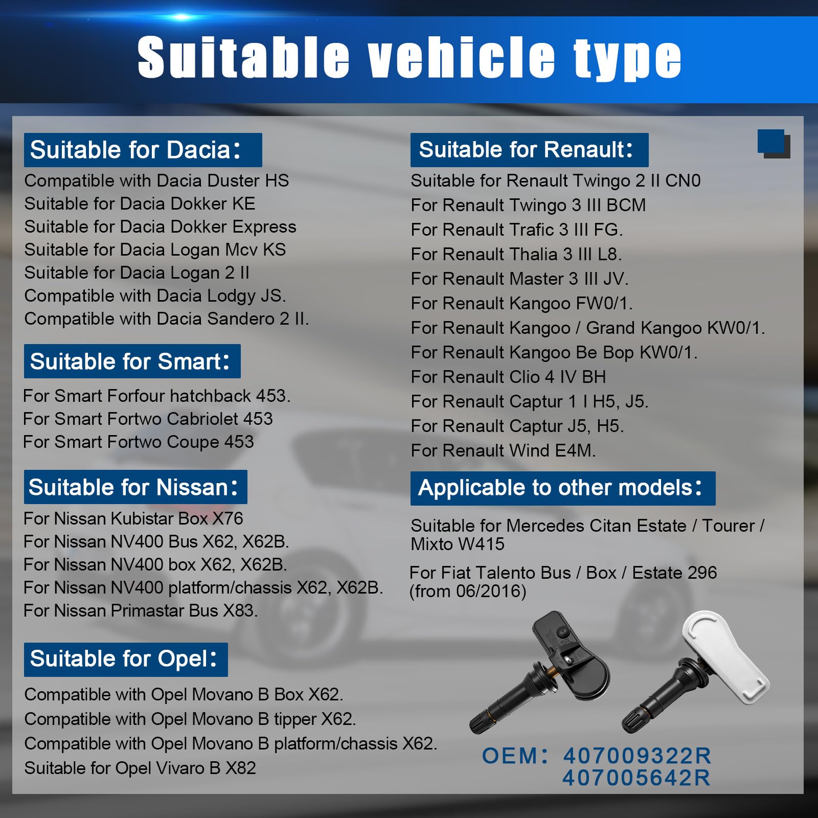 Capteur de Pression des Pneus Compatible avec Re-nault Dacia Smart Op-el RDKS TPMS 407005642R 407001628R, 407009322R, 407009987R, 4031100Q0H, A4539051701 93461364-4 Pièces